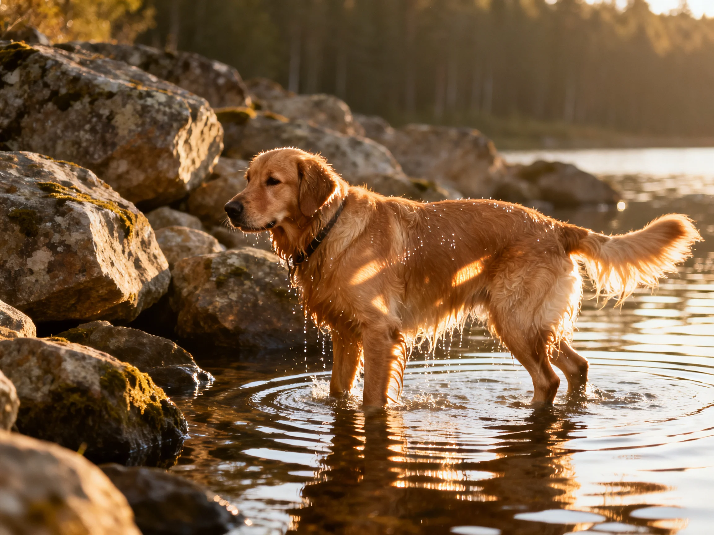 A golden retriever wades through shallow water near mossy rocks at sunset