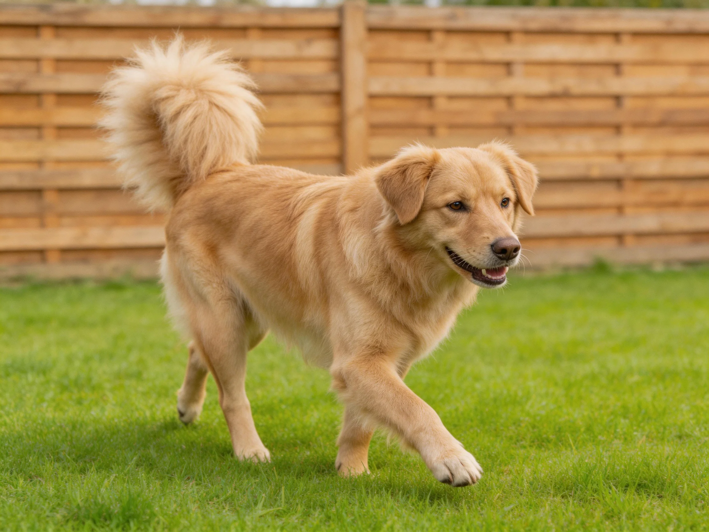 A golden retriever walking on lush green grass near a wooden fence