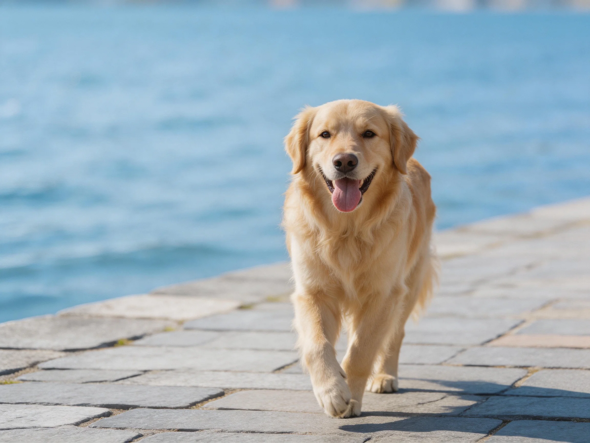 A golden retriever walks along a stone path near calm water.