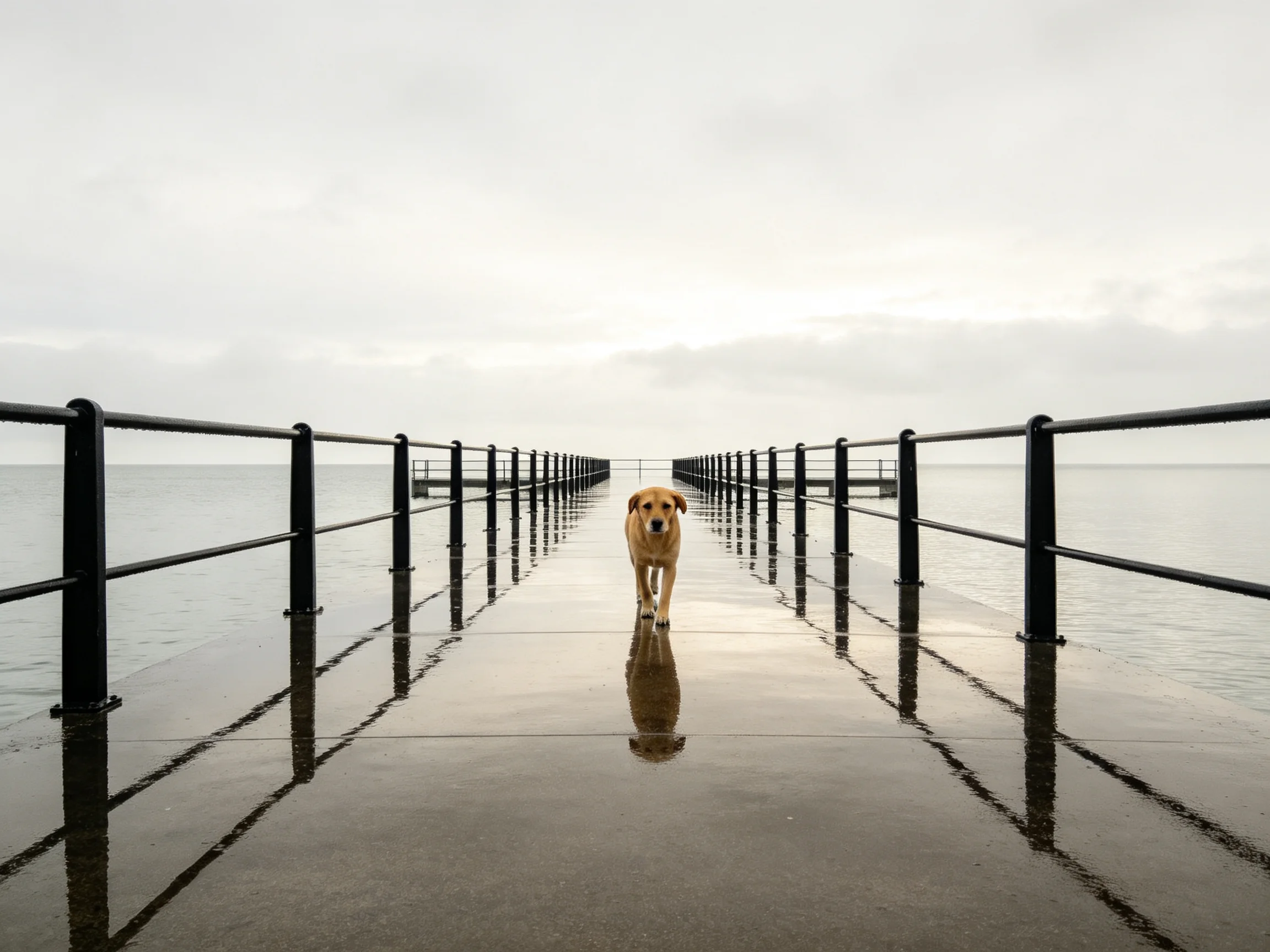 A golden retriever walks toward the viewer on a wet pier near calm water.