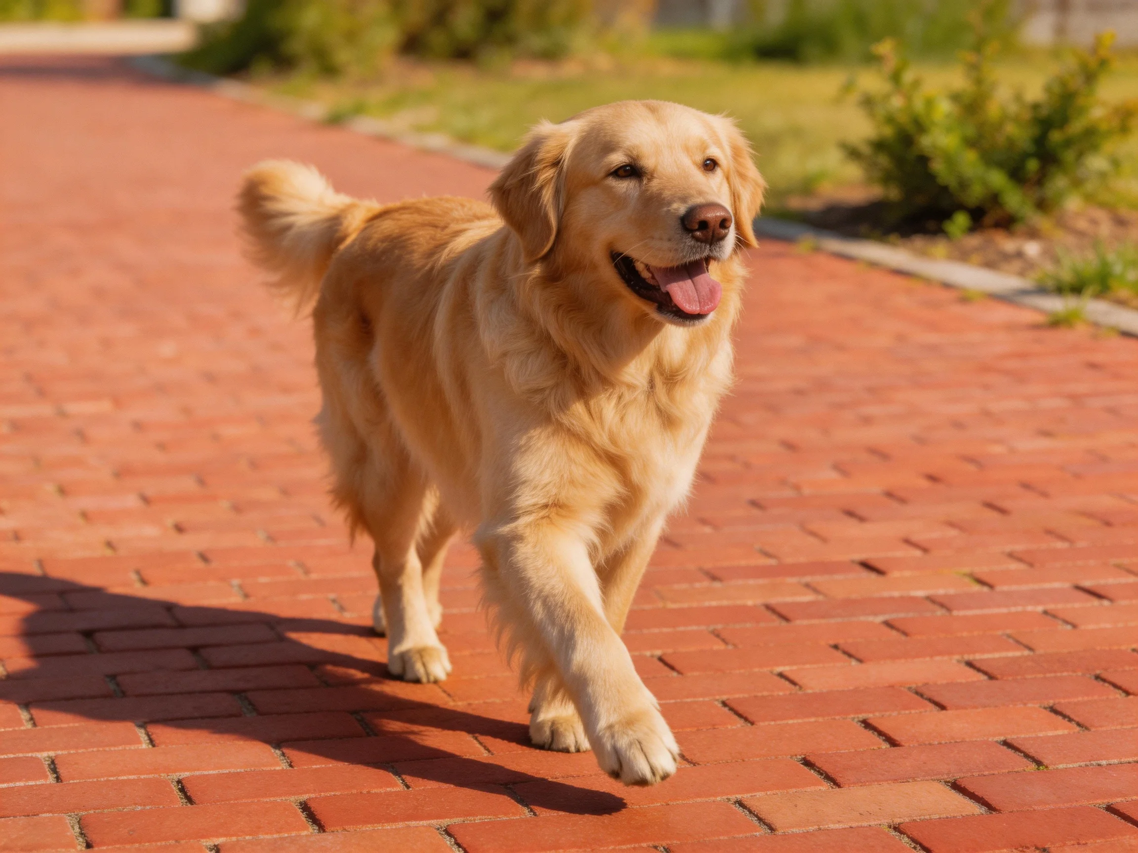 A golden retriever walks on a red - brick path under sunny skies