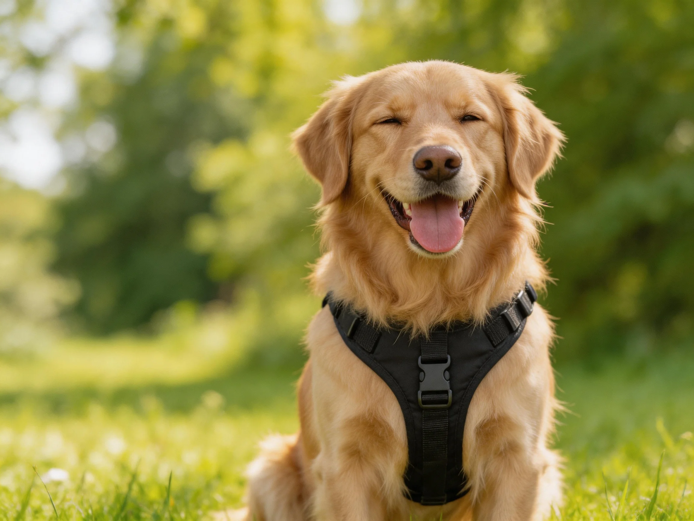 A golden retriever in a black harness relaxes outdoors