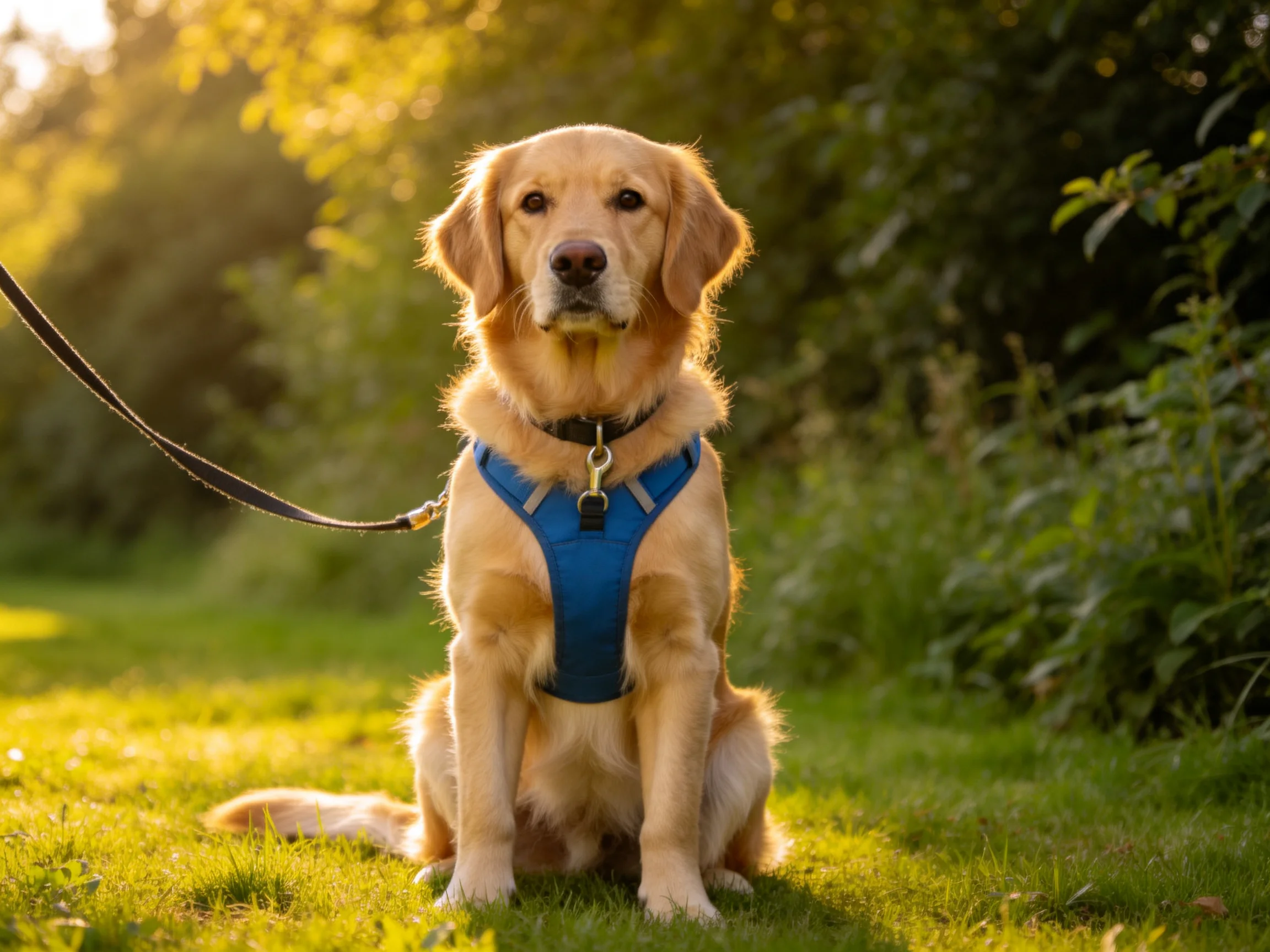 Golden retriever in blue harness sits calmly on grass in sunlit outdoors.
