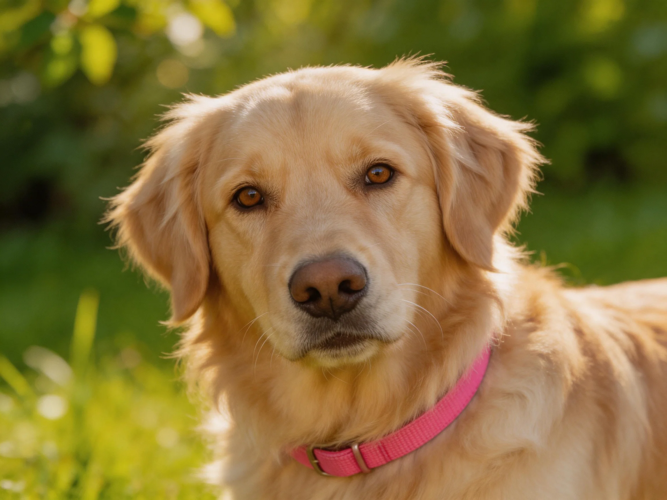 A golden retriever with a pink collar stands in a sunlit garden.