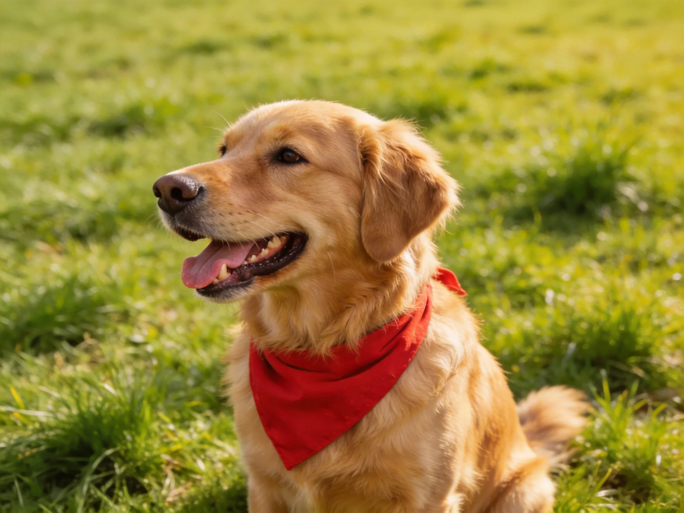 A golden retriever with a red bandana relaxes on a grassy field.