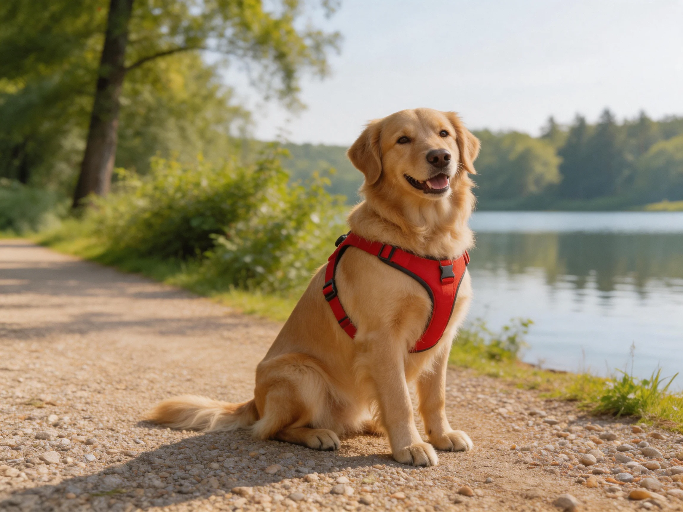 A golden retriever in a red harness sits calmly on a gravel path beside a serene lake.