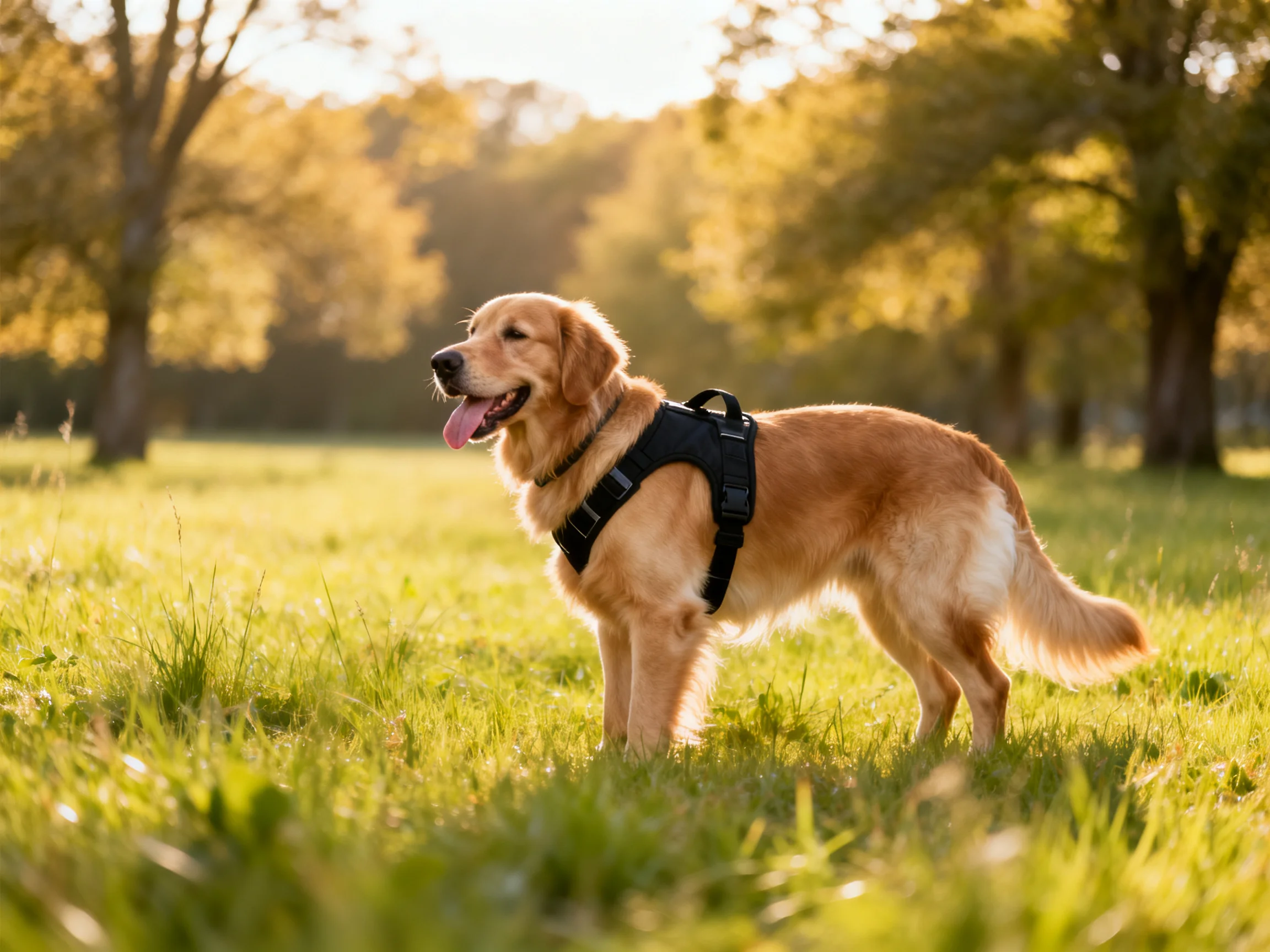 A golden retriever wearing a harness stands in a sunlit grassy field