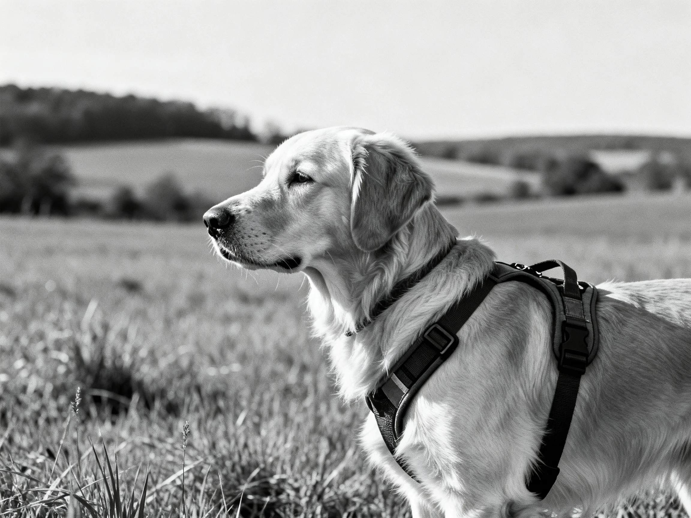 A golden retriever wearing a harness stands in an expansive countryside field