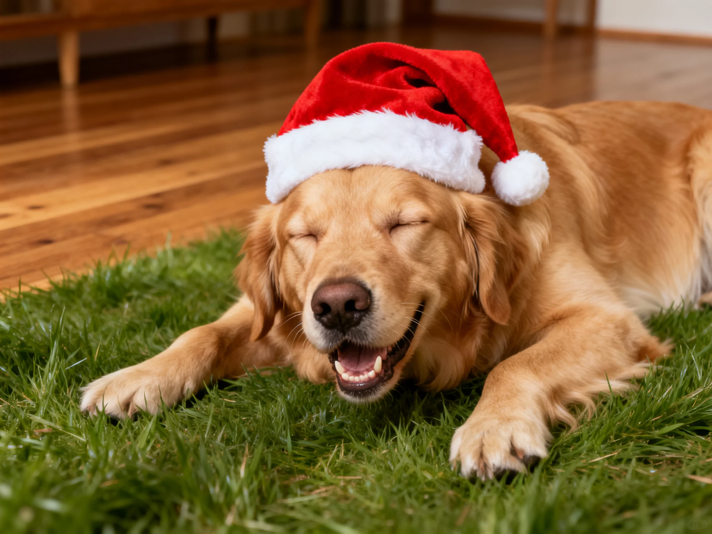 A golden retriever wearing a red Santa hat lies on indoor green grass