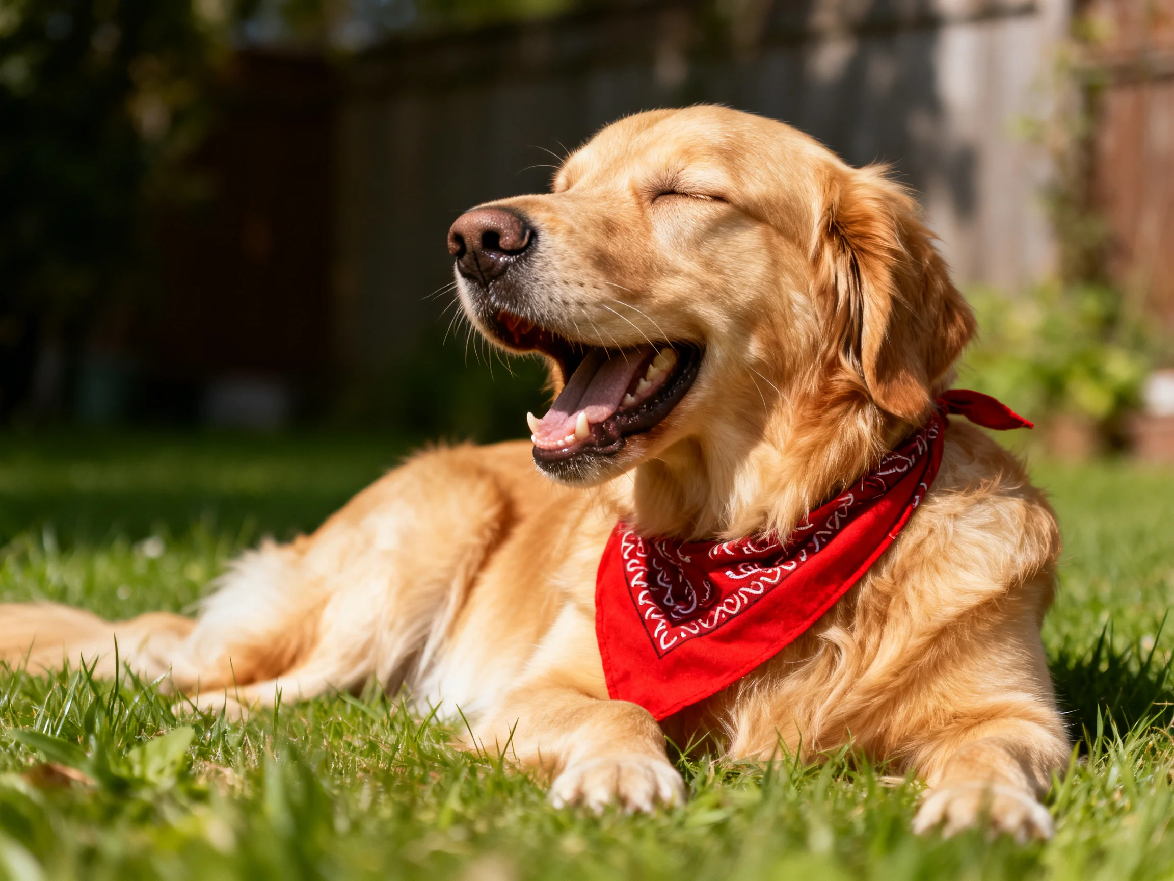 A golden retriever with a red bandana rests contentedly on grass in sunny weather.