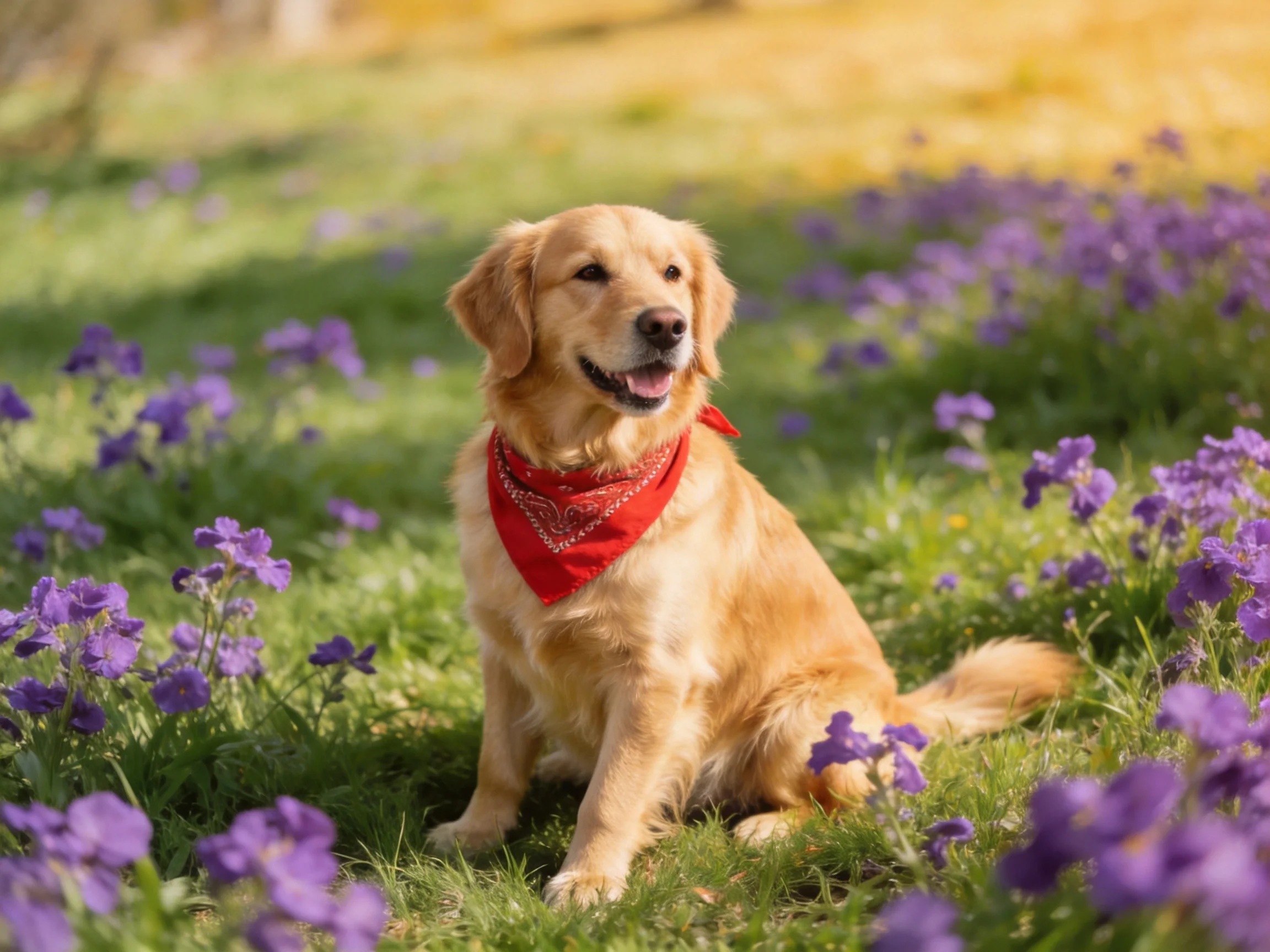 A golden retriever with a red bandana sits amid purple flowers in a sunlit field.