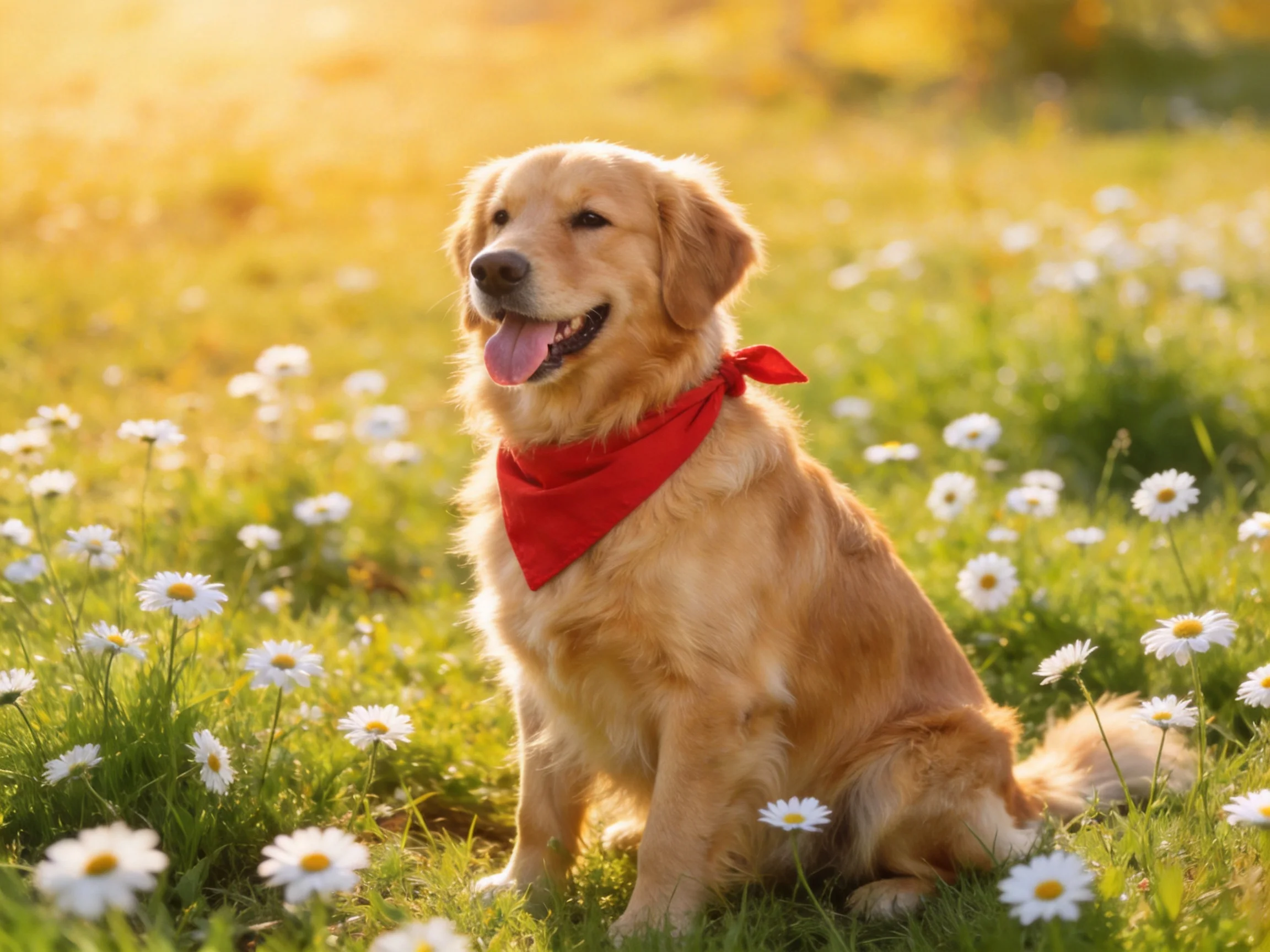 A golden retriever with a red bandana relaxes among daisies in a sunlit field.
