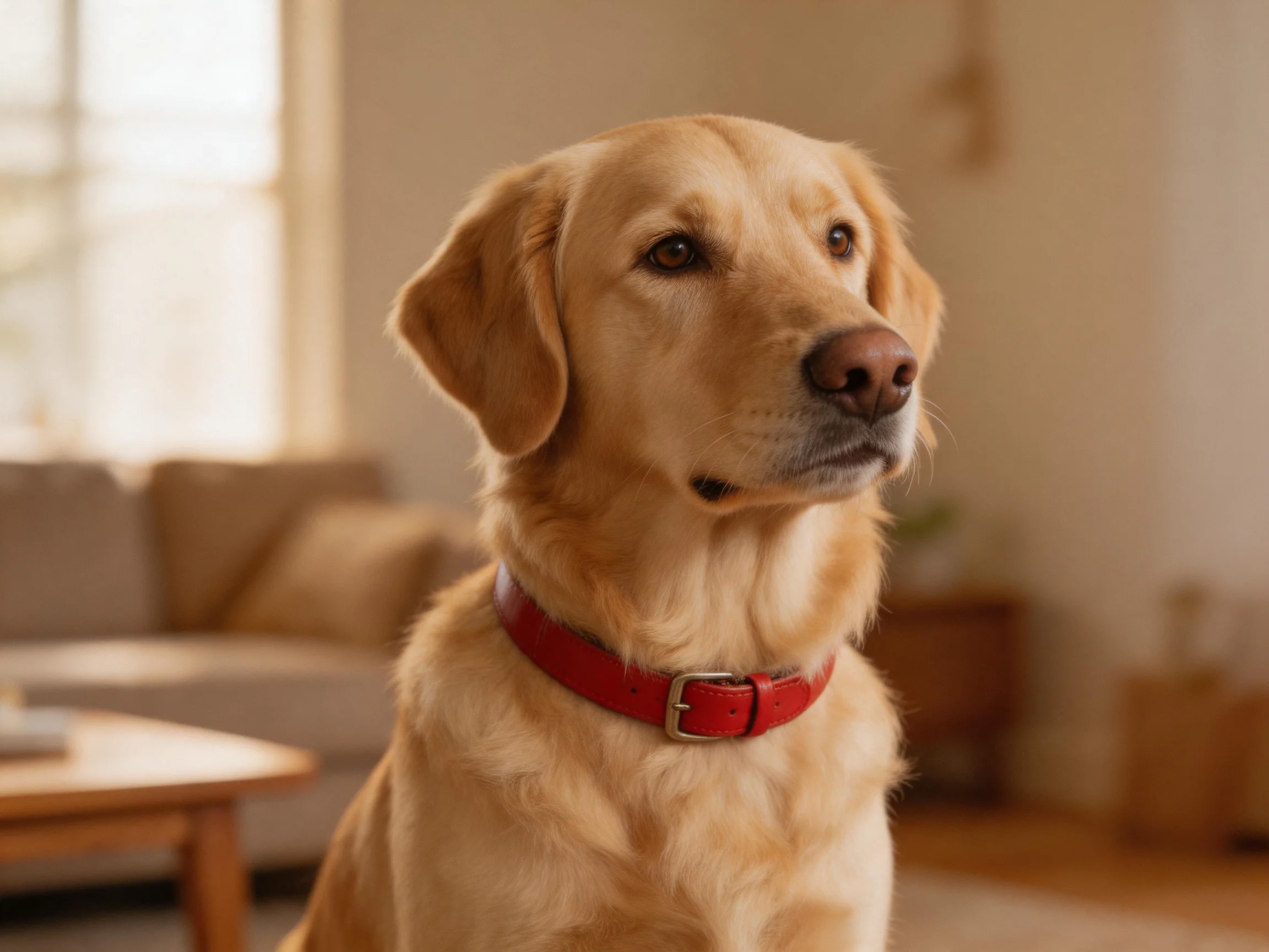 A golden retriever wearing a red collar in a cozy living room