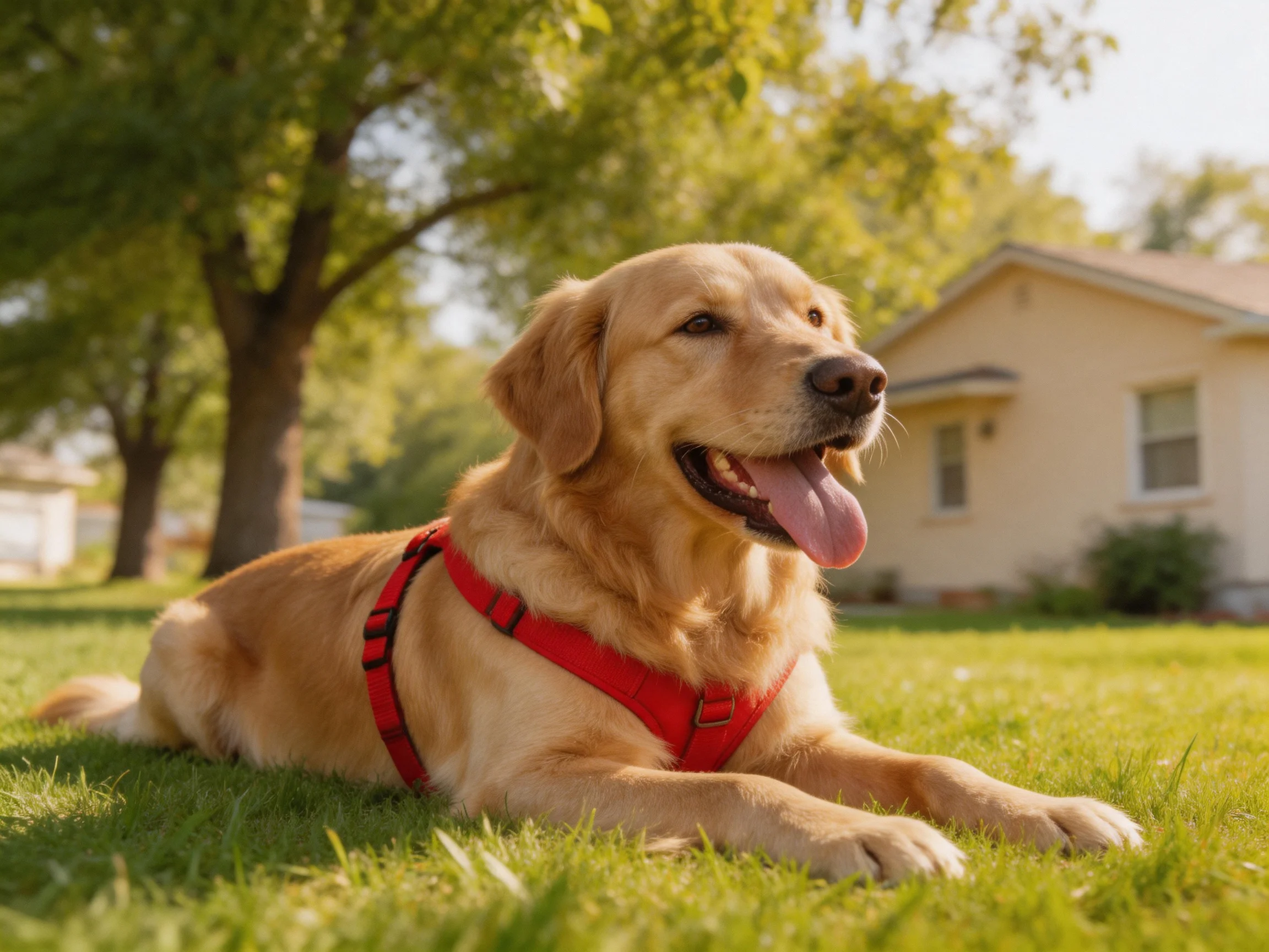 A golden retriever rests on grass near a house with trees in the background
