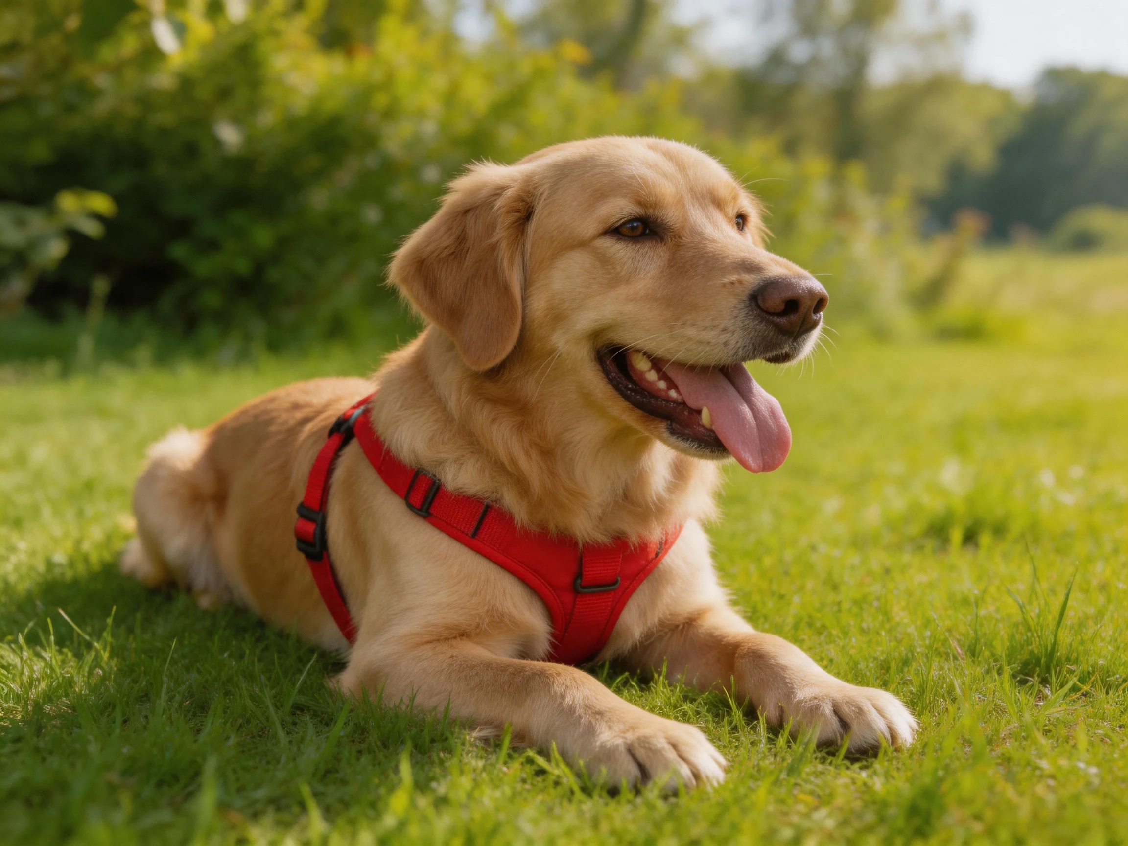 A golden retriever with a red harness relaxes on grass