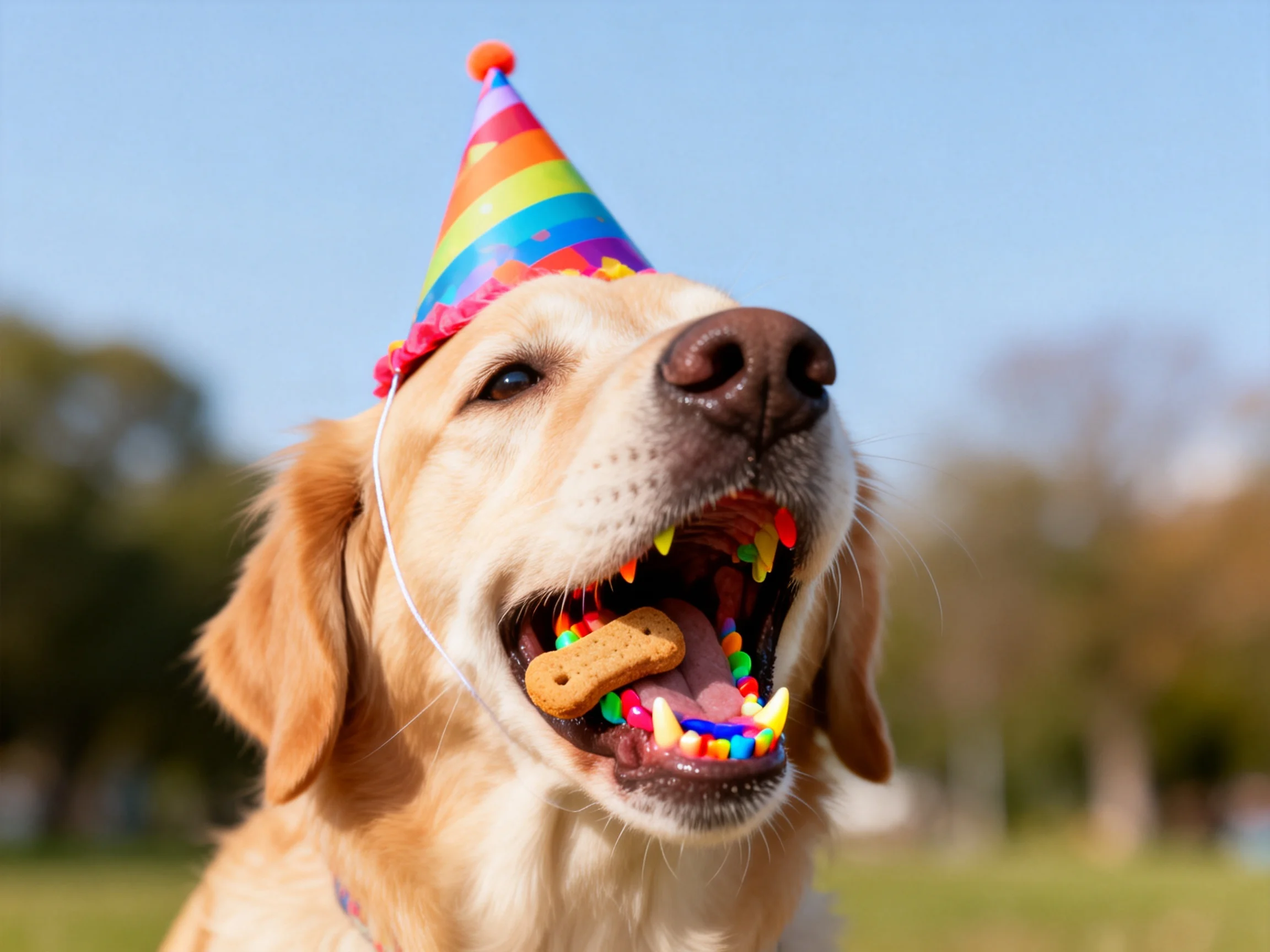 A golden retriever wears a rainbow party hat with sprinkles in its mouth