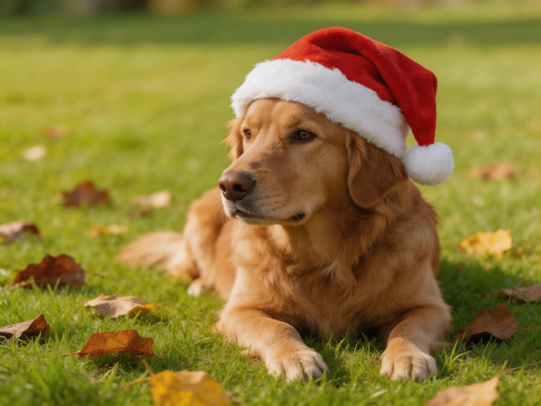 A golden retriever wears a red Santa hat on grass with autumn leaves