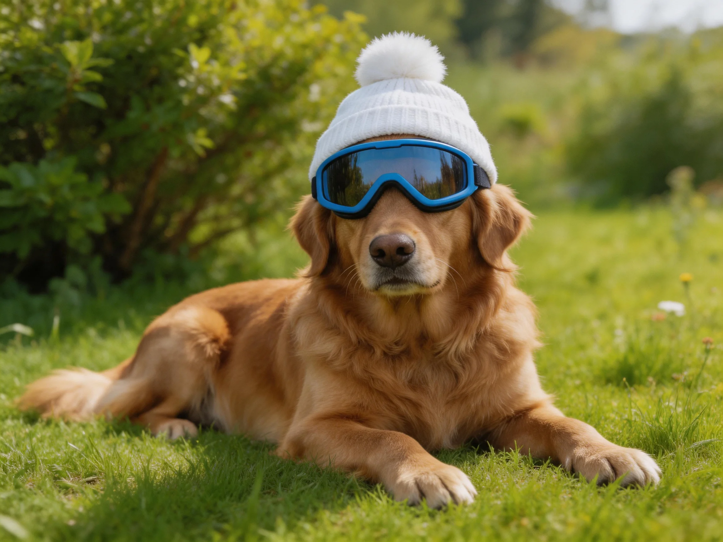 A golden retriever rests on grass while wearing a white hat and blue goggles.