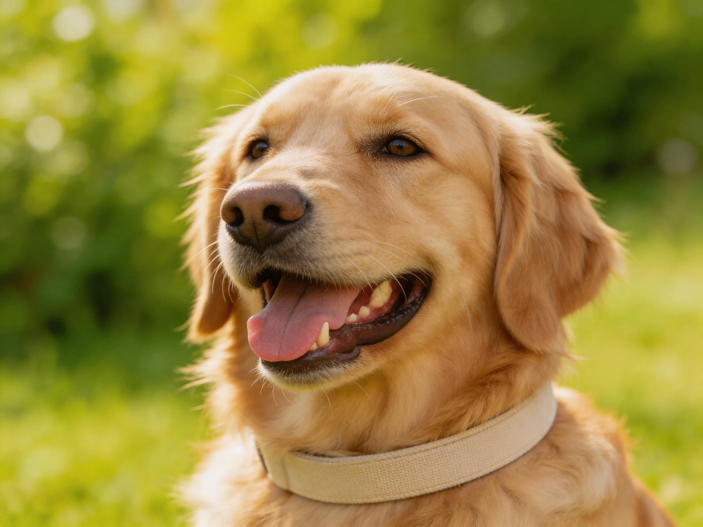 A golden retriever wearing a collar enjoys the sunny outdoors.