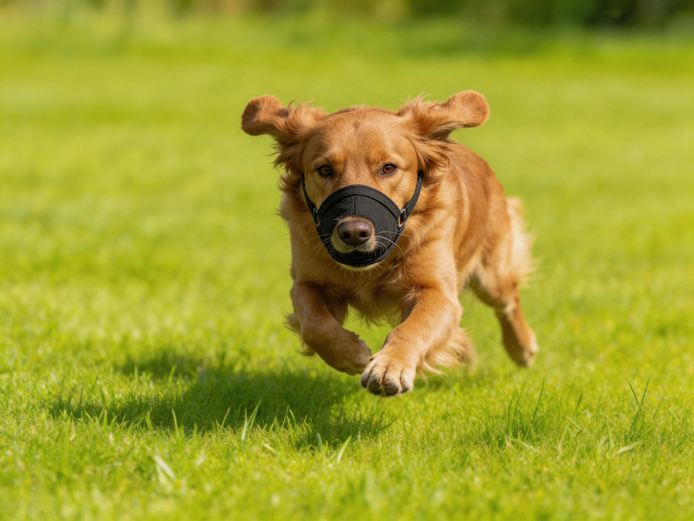 A golden retriever with a black muzzle runs energetically on a grassy field.