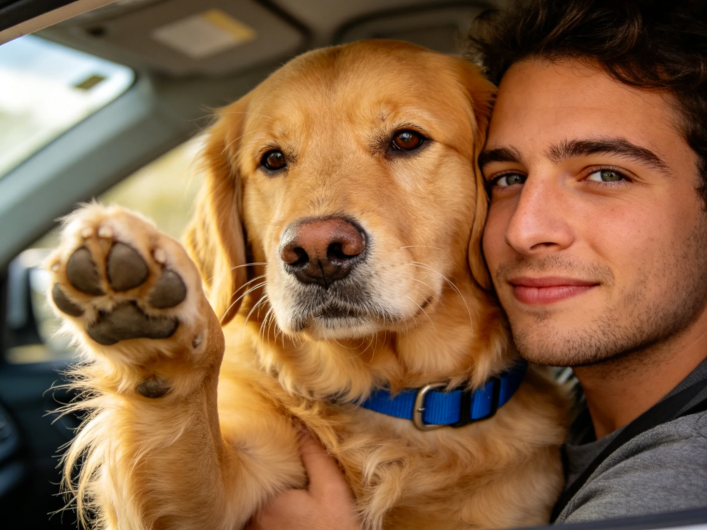 A golden retriever with a blue collar sits in a car next to a person