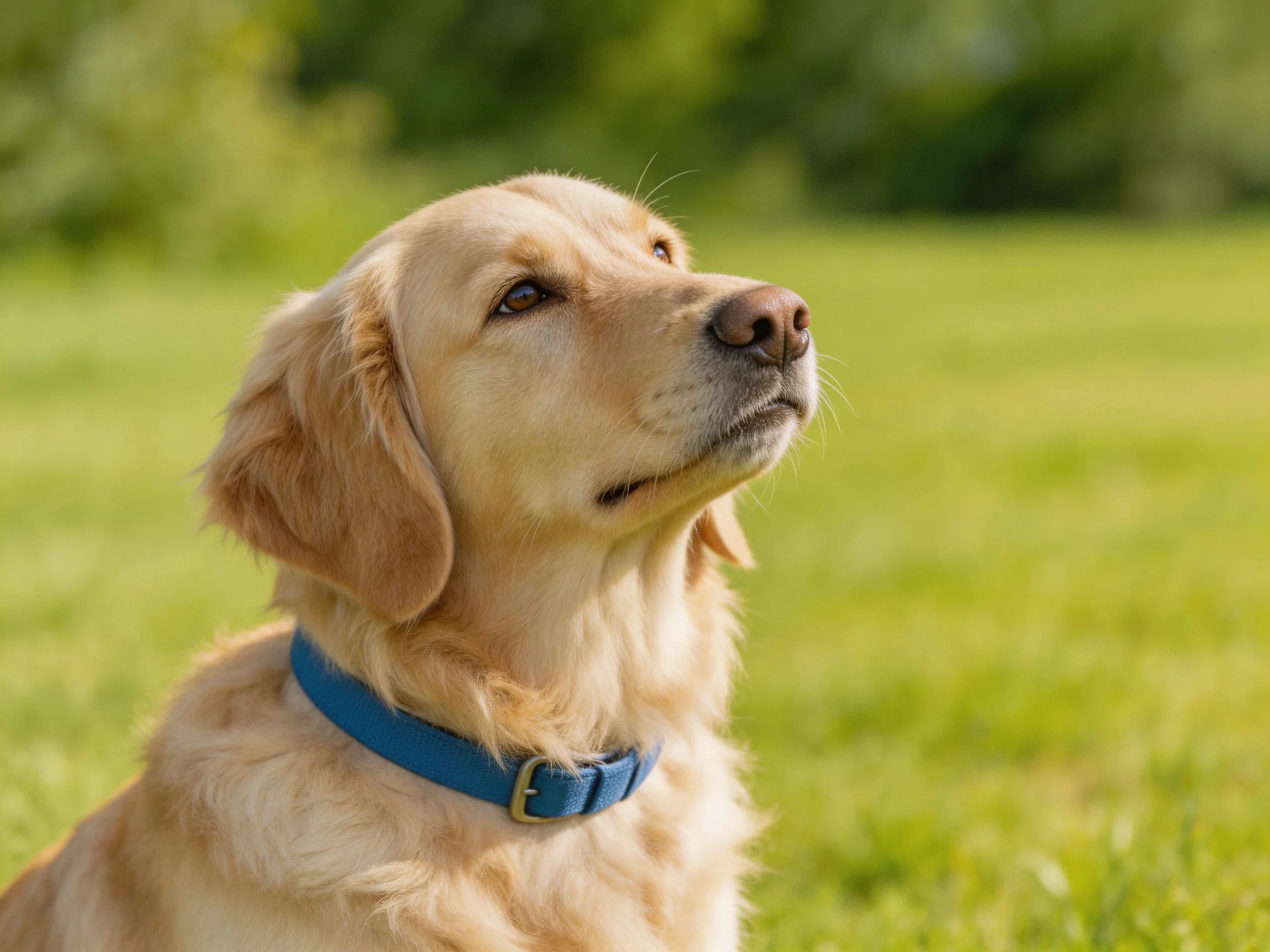 A golden retriever with a blue collar sits in a sunlit green field