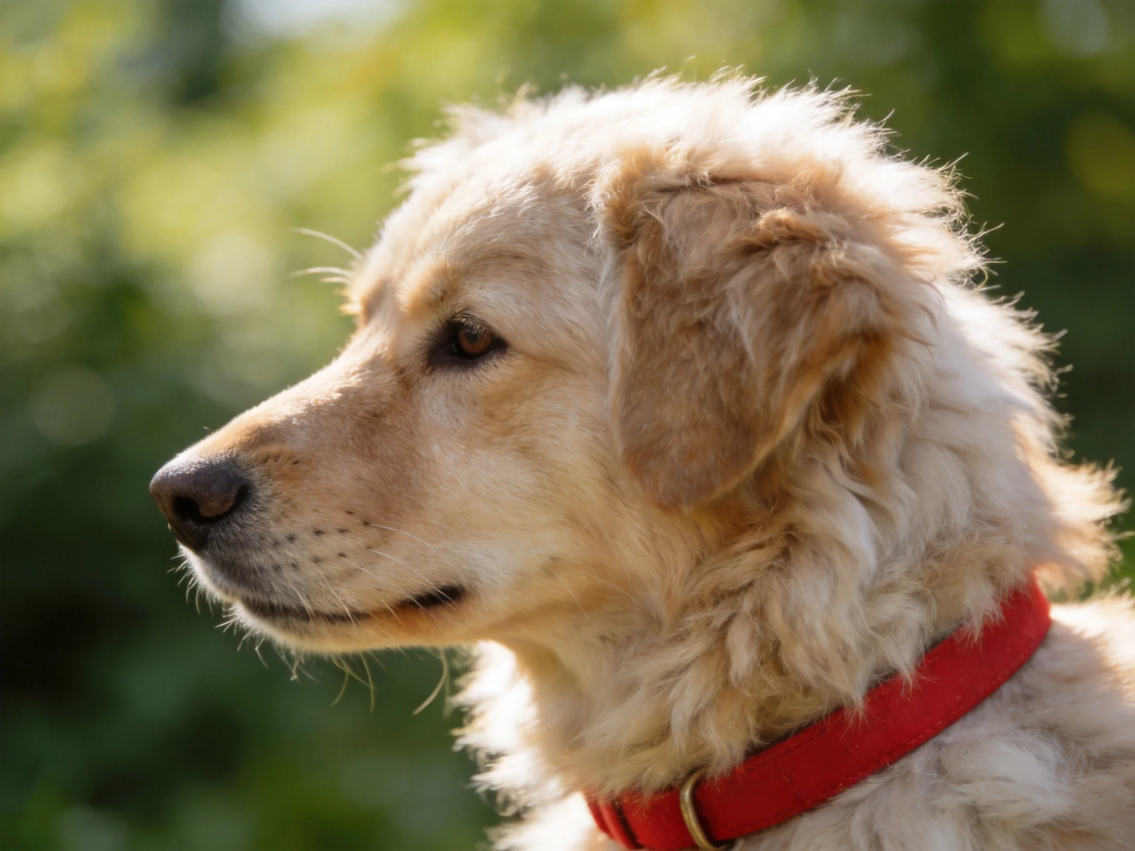 A golden retriever with a red collar is shown in profile against a blurred green background.