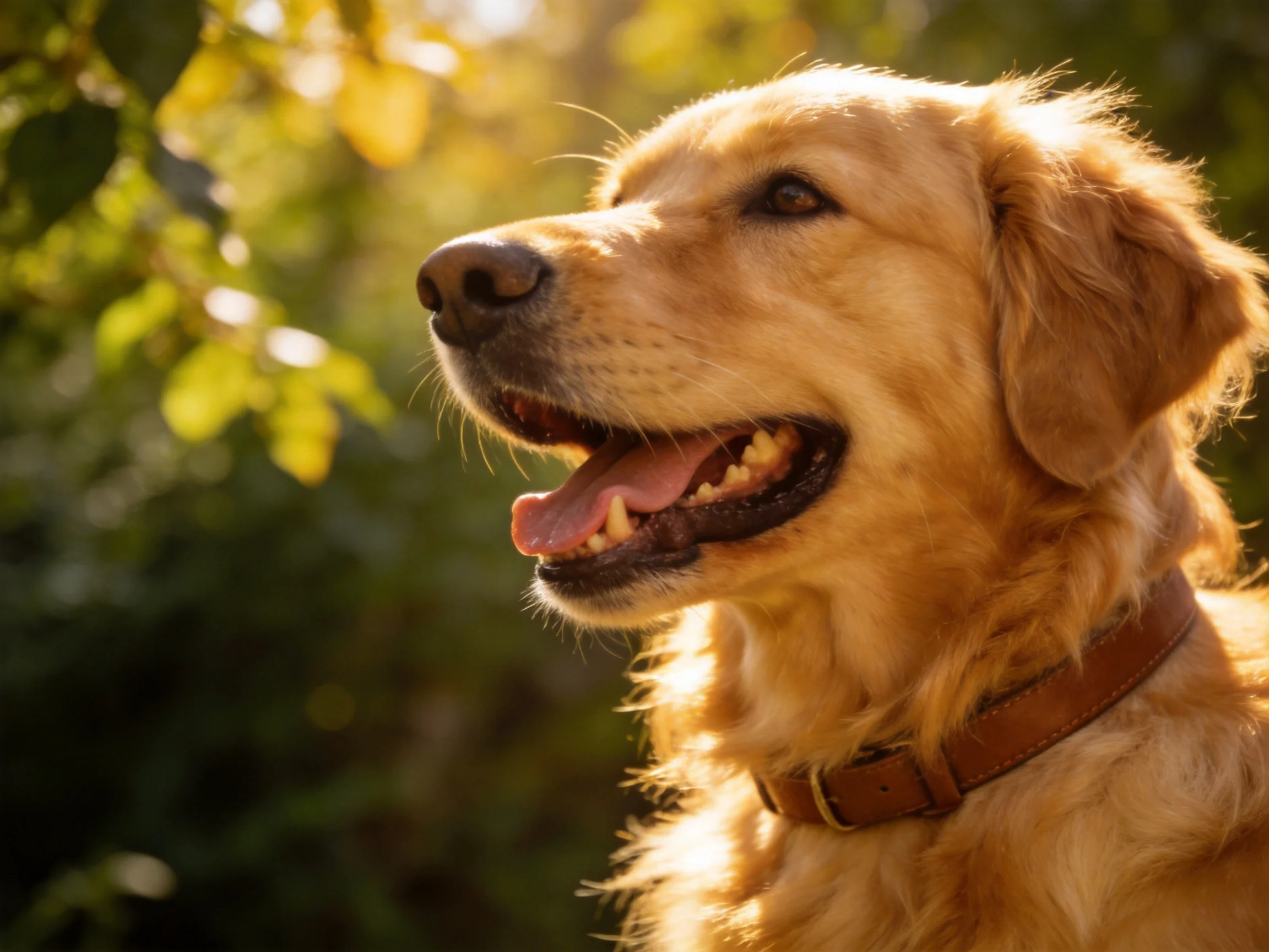 A golden retriever with a brown collar enjoys the sunny outdoor setting.