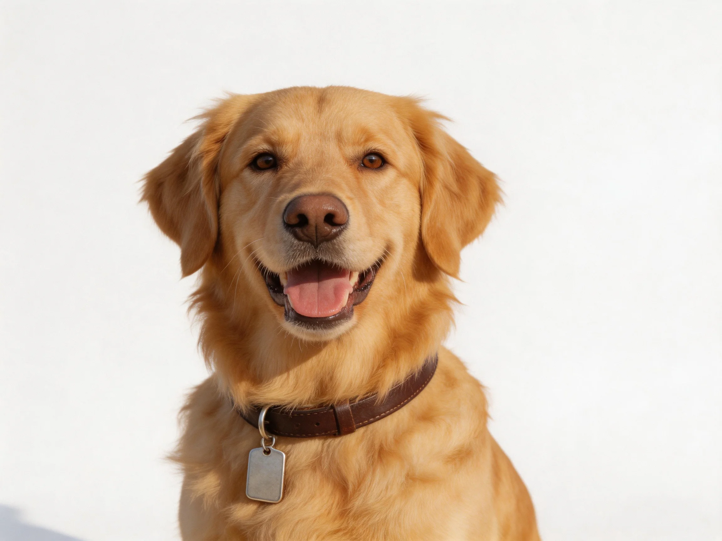 A golden retriever with a brown collar appears happy against a white background.