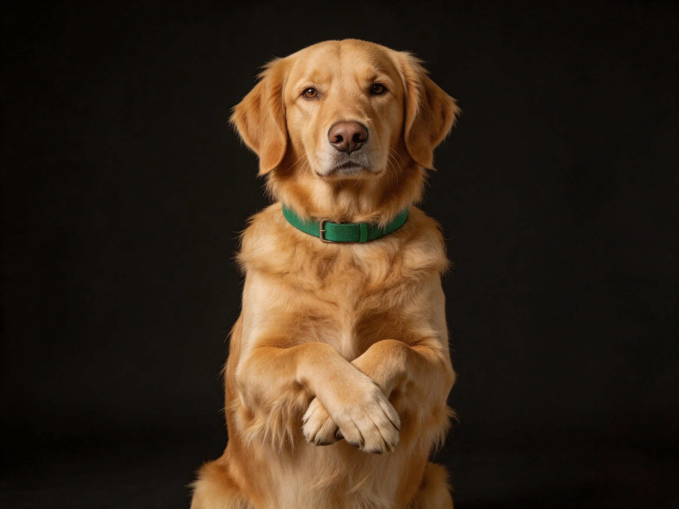 A golden retriever crosses its front paws while posed against a black background