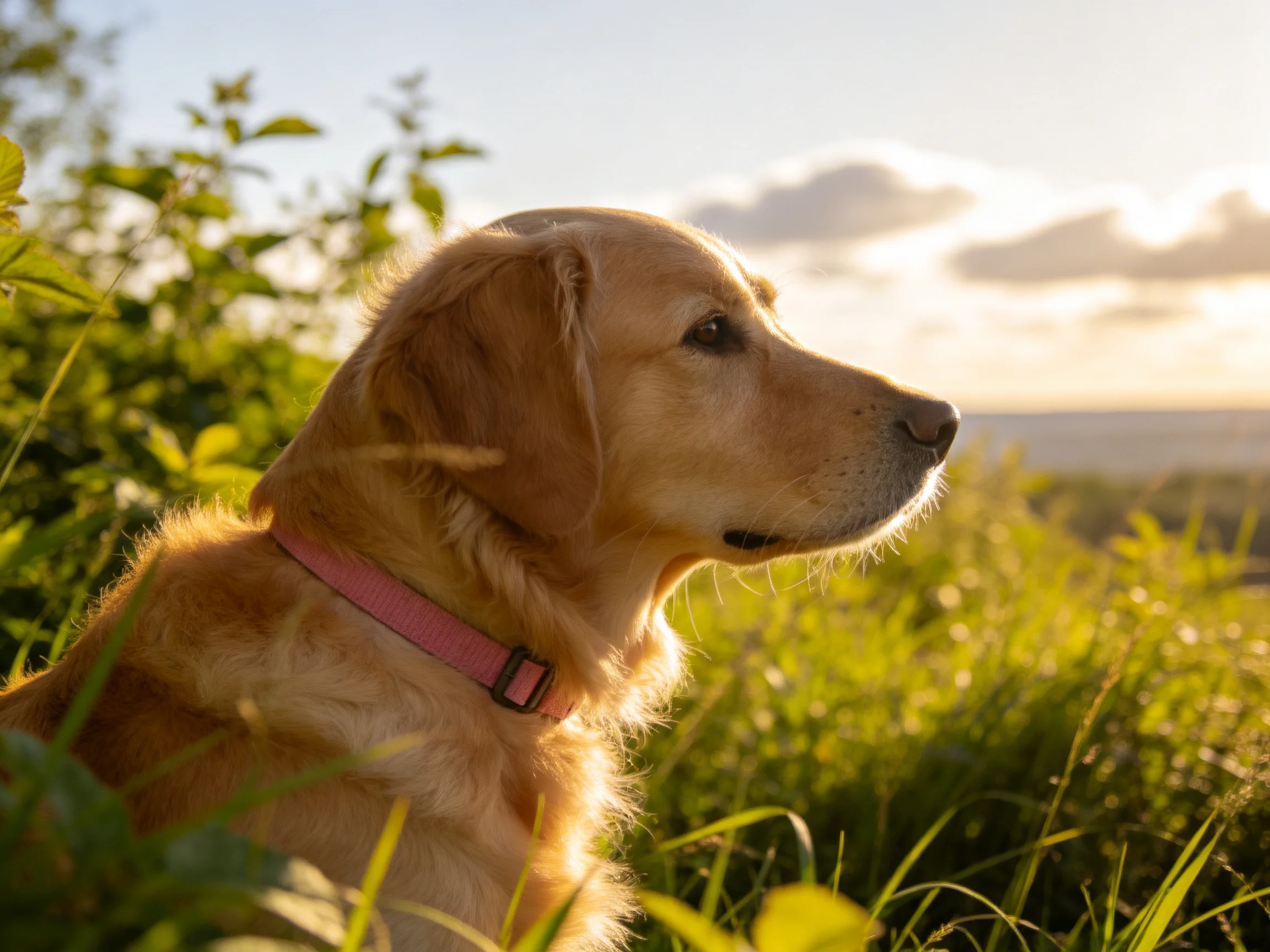 A golden retriever with a pink collar in a sunlit grassy field