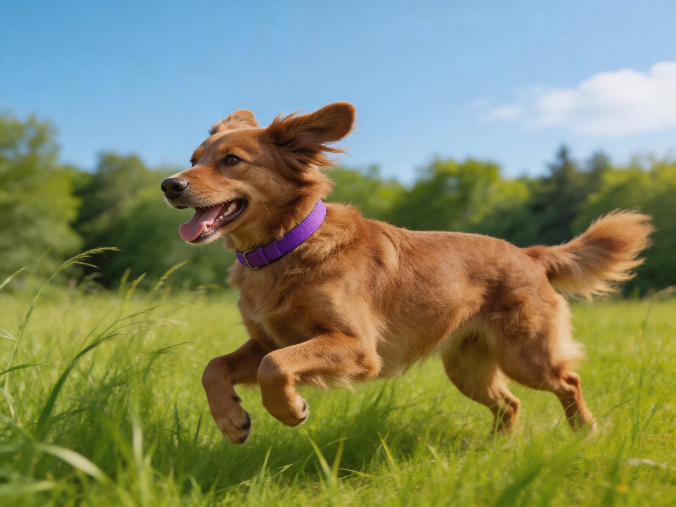 A golden retriever with a purple collar dashes through lush green grass