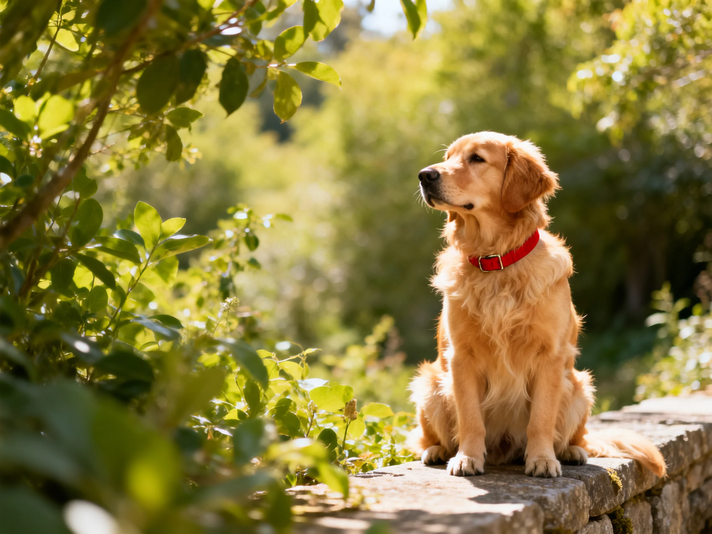 A golden retriever with a red collar sits on a stone wall amid lush greenery