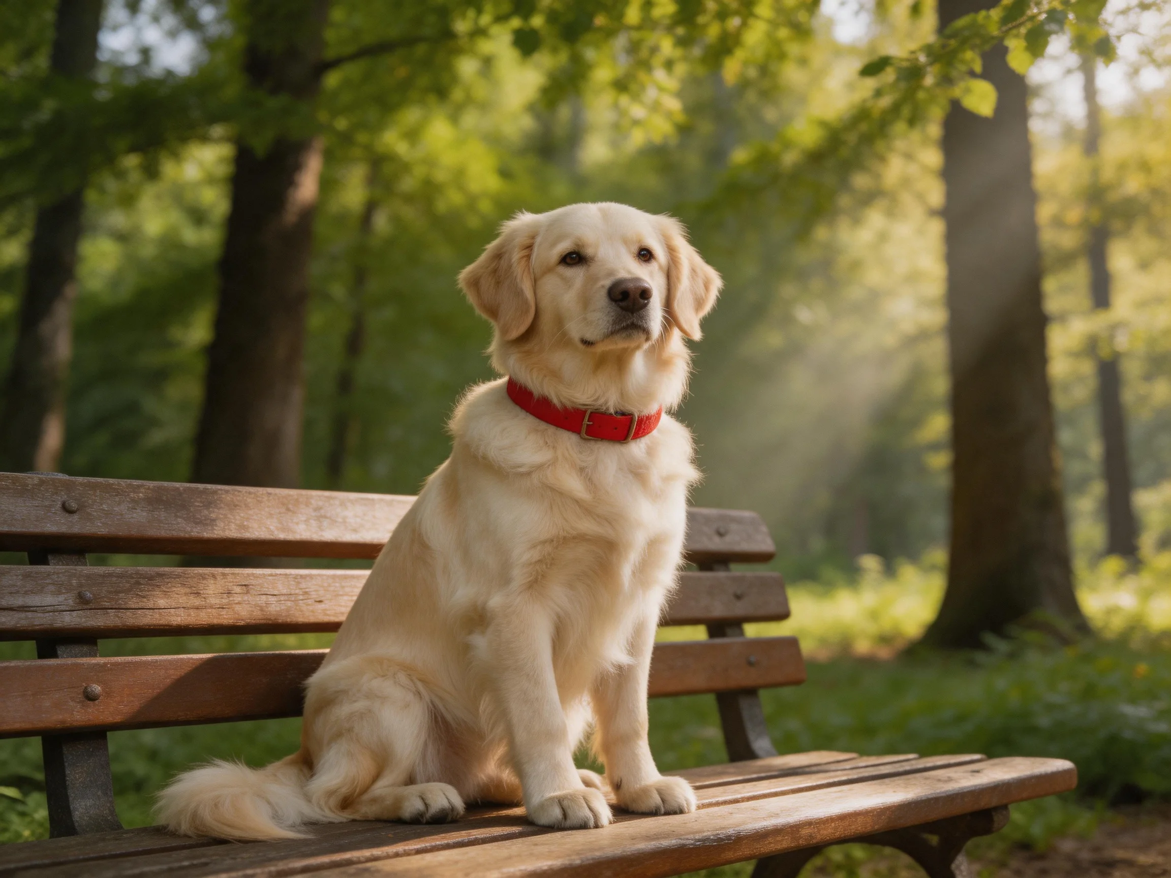 A golden retriever with a red collar sits on a wooden bench in a sunlit forest