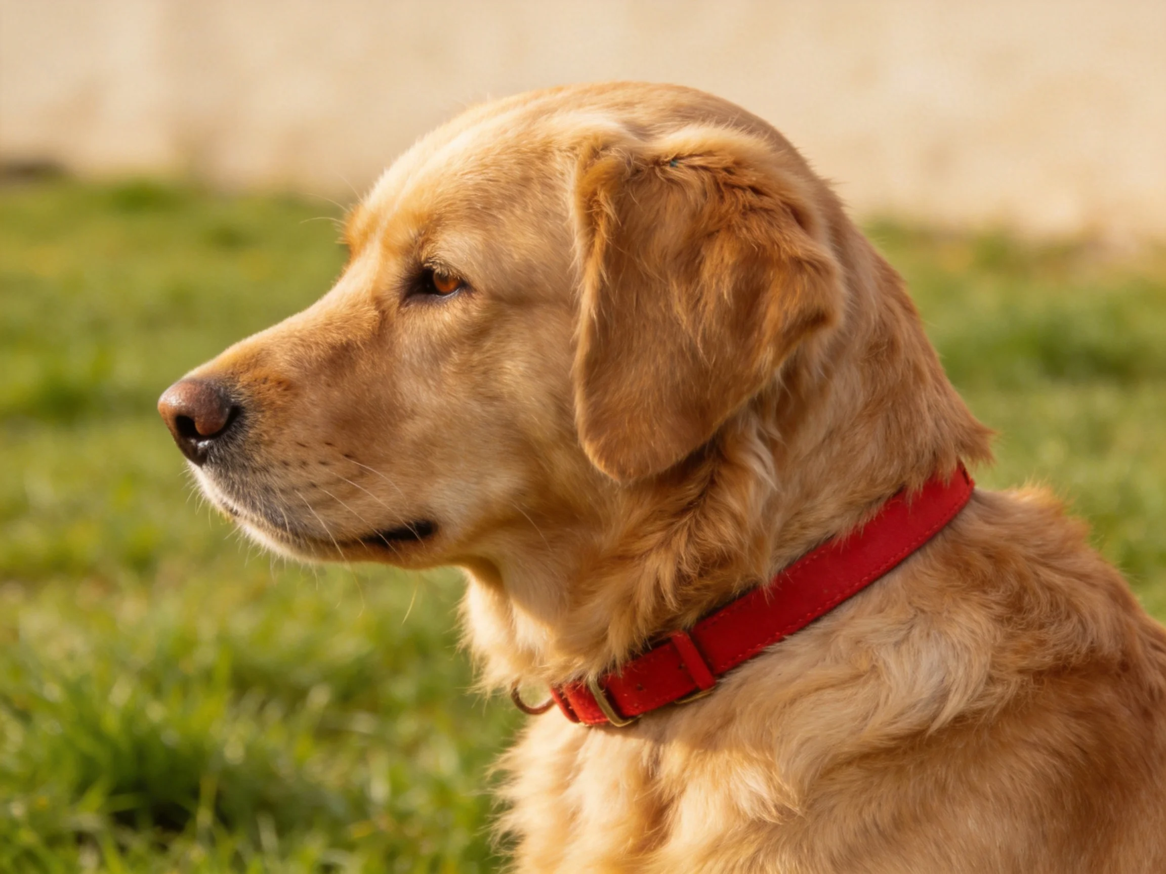 A golden retriever with a red collar sits on green grass