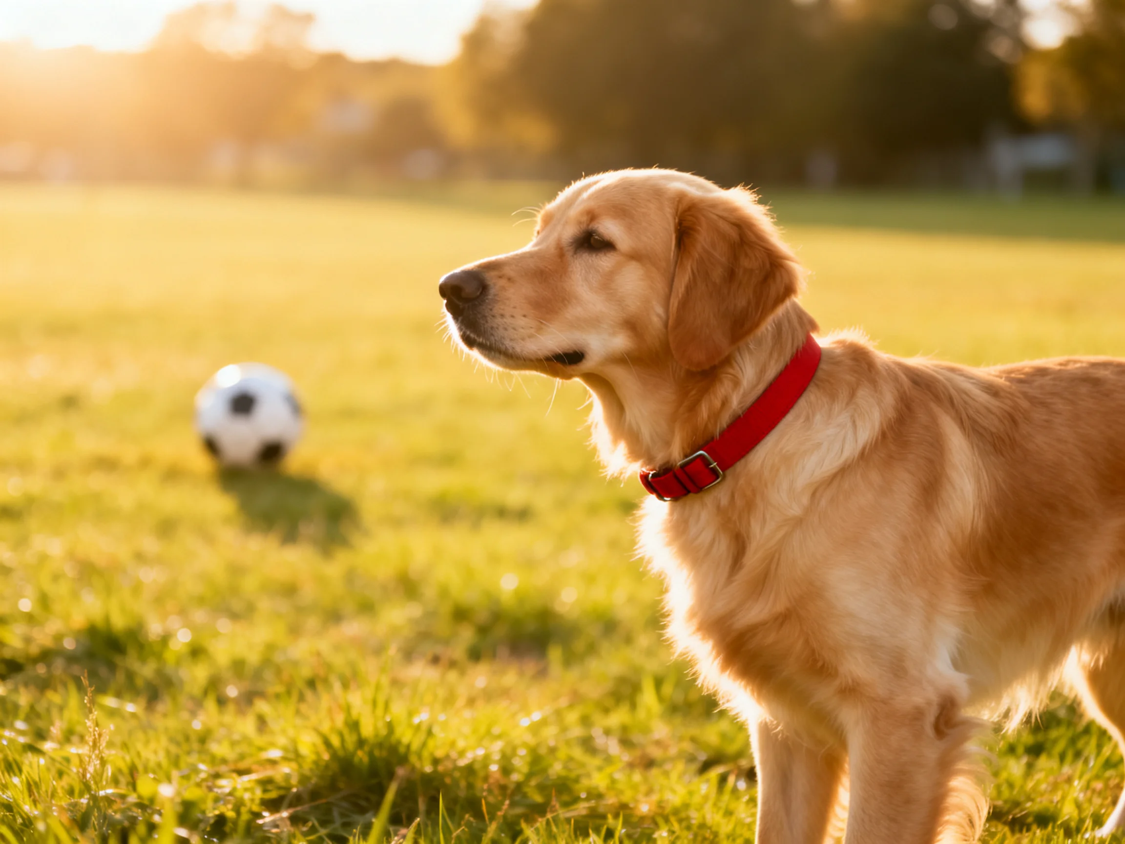 A golden retriever with a red collar stands near a soccer ball on a sunny field