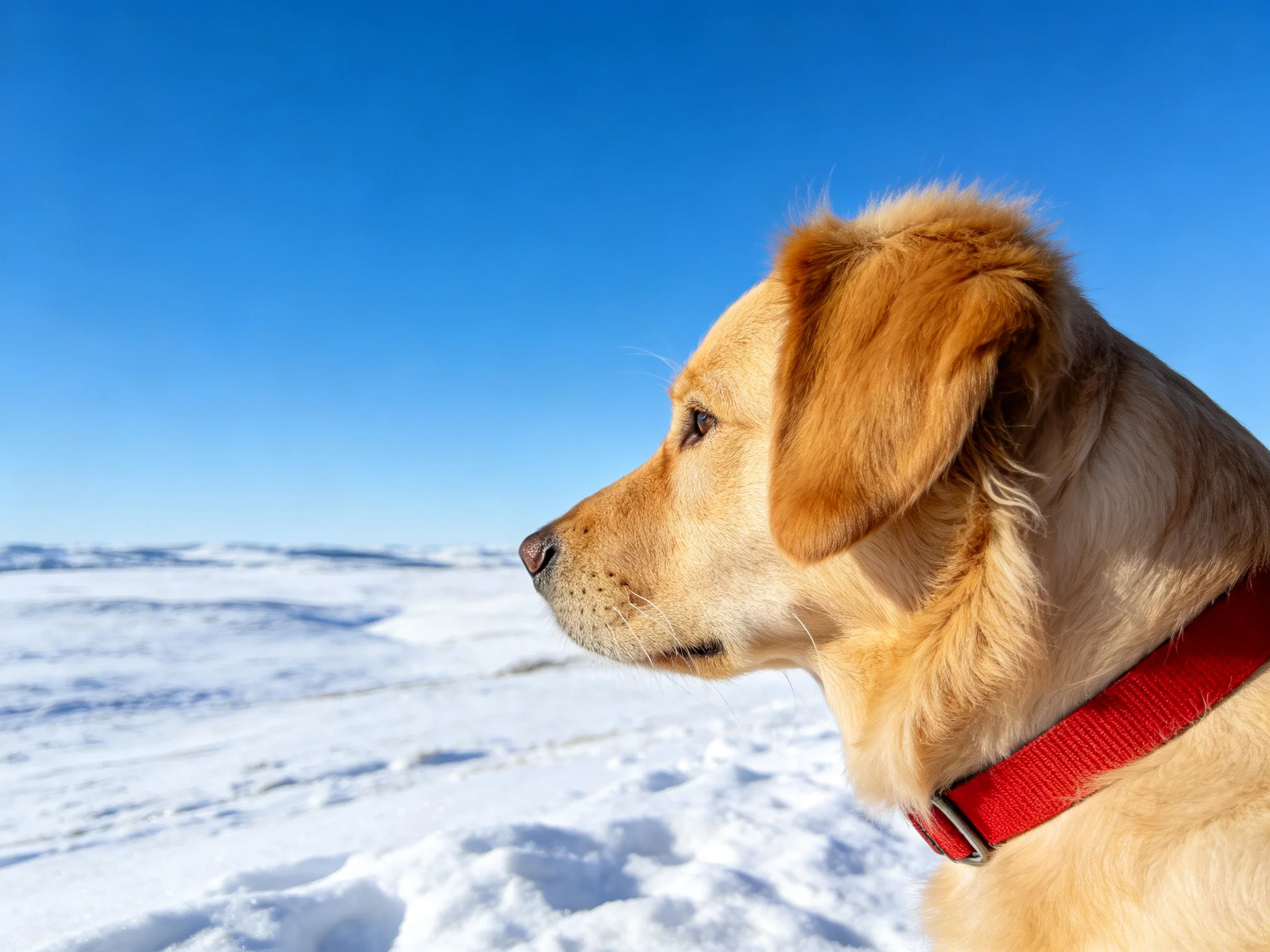 A golden retriever with a red collar looks toward a bright snowy landscape.