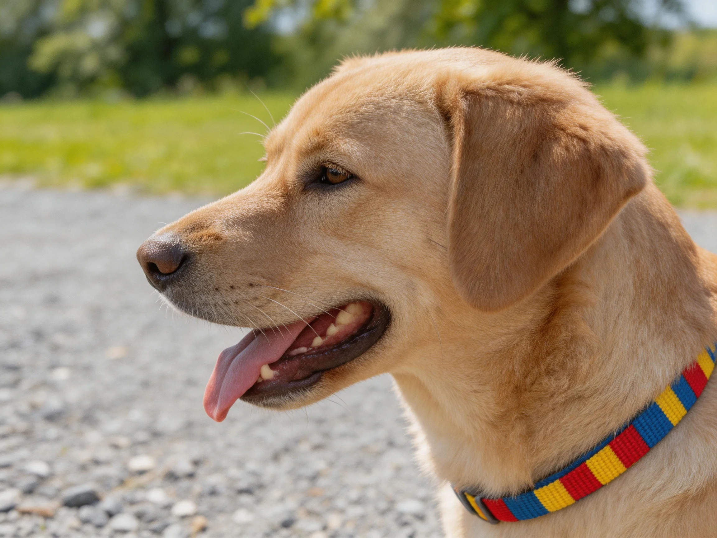 A golden retriever with a striped collar is outdoors on gravel