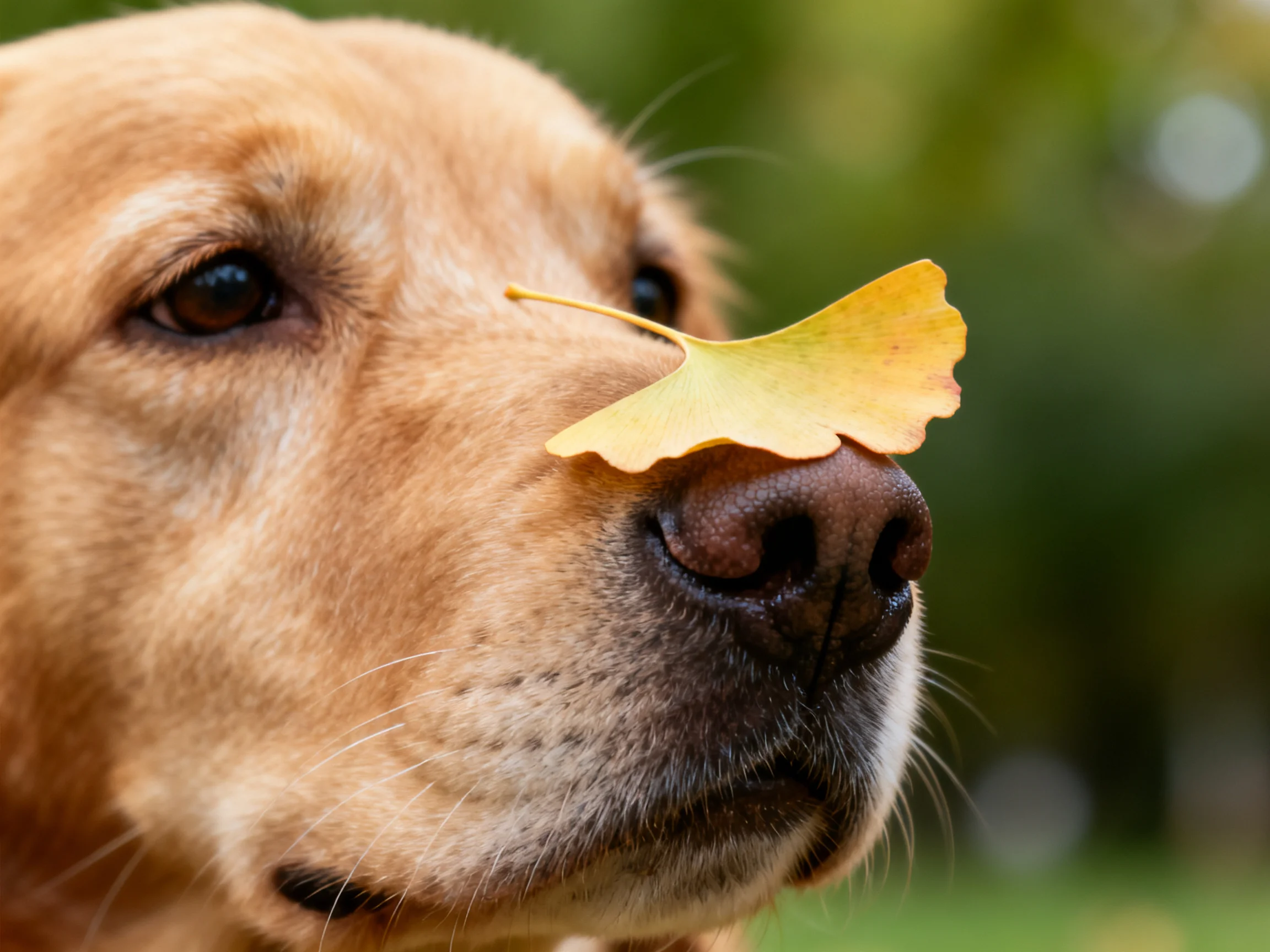 A golden retriever has a ginkgo leaf on its nose.