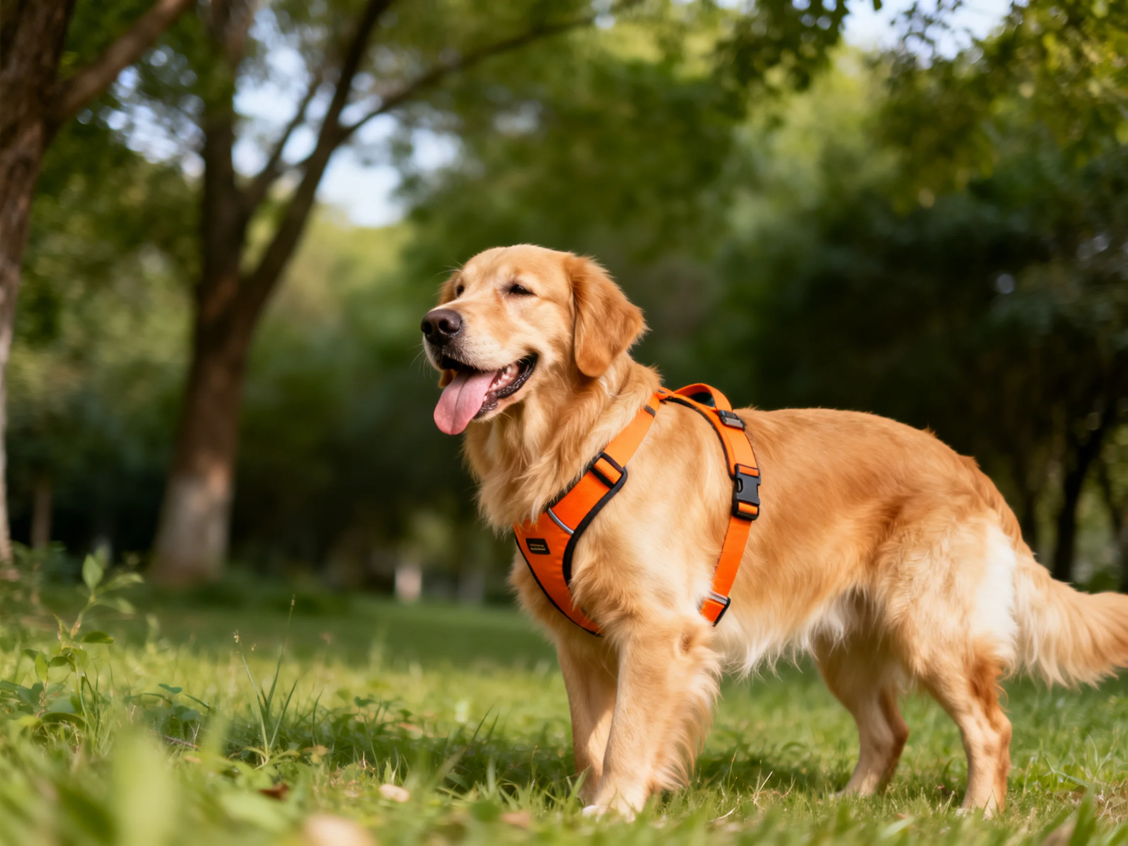 A golden retriever with an orange harness enjoys a sunny day in a green park.