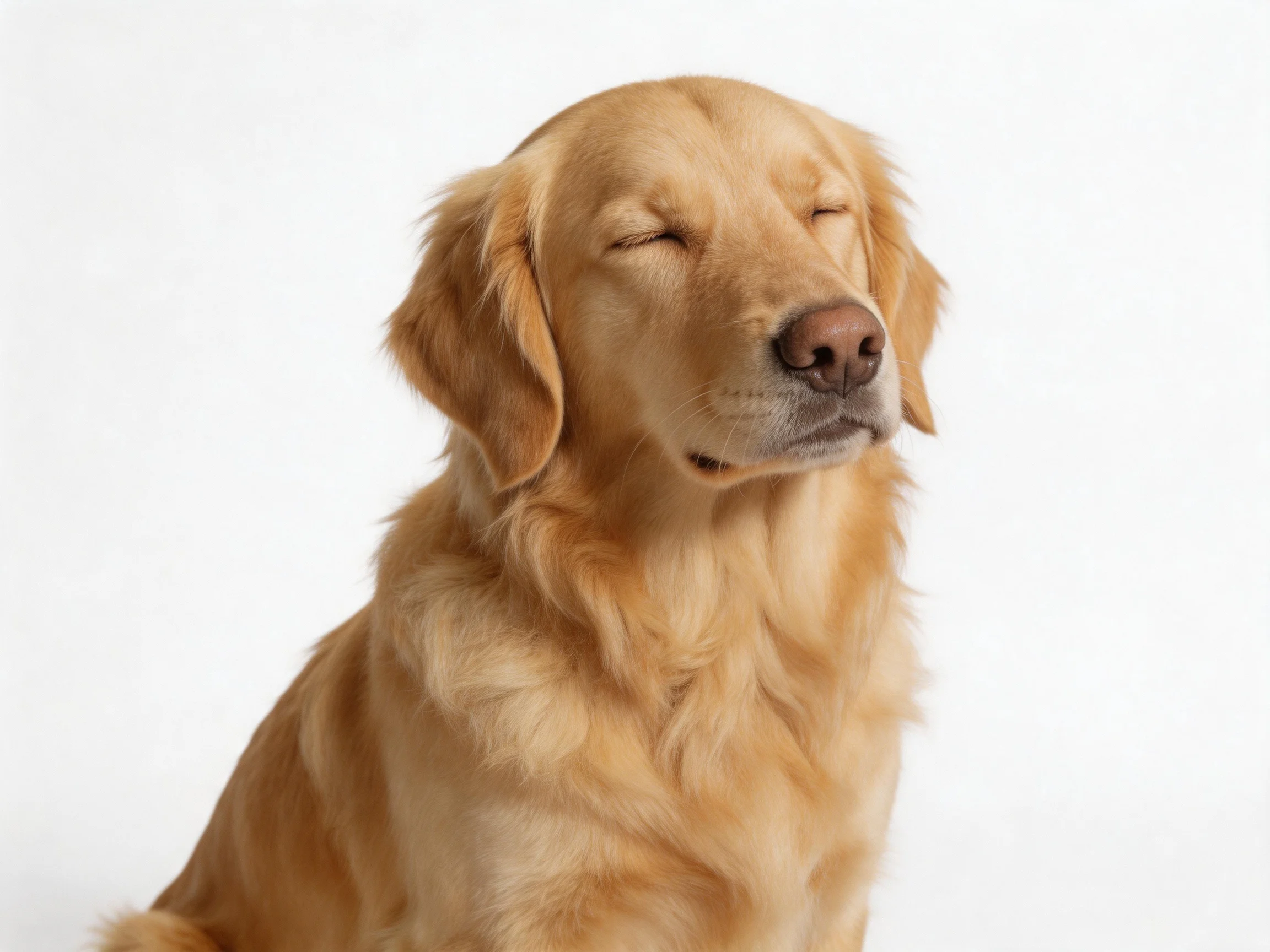 A golden retriever sits calmly with eyes closed on a white backdrop.