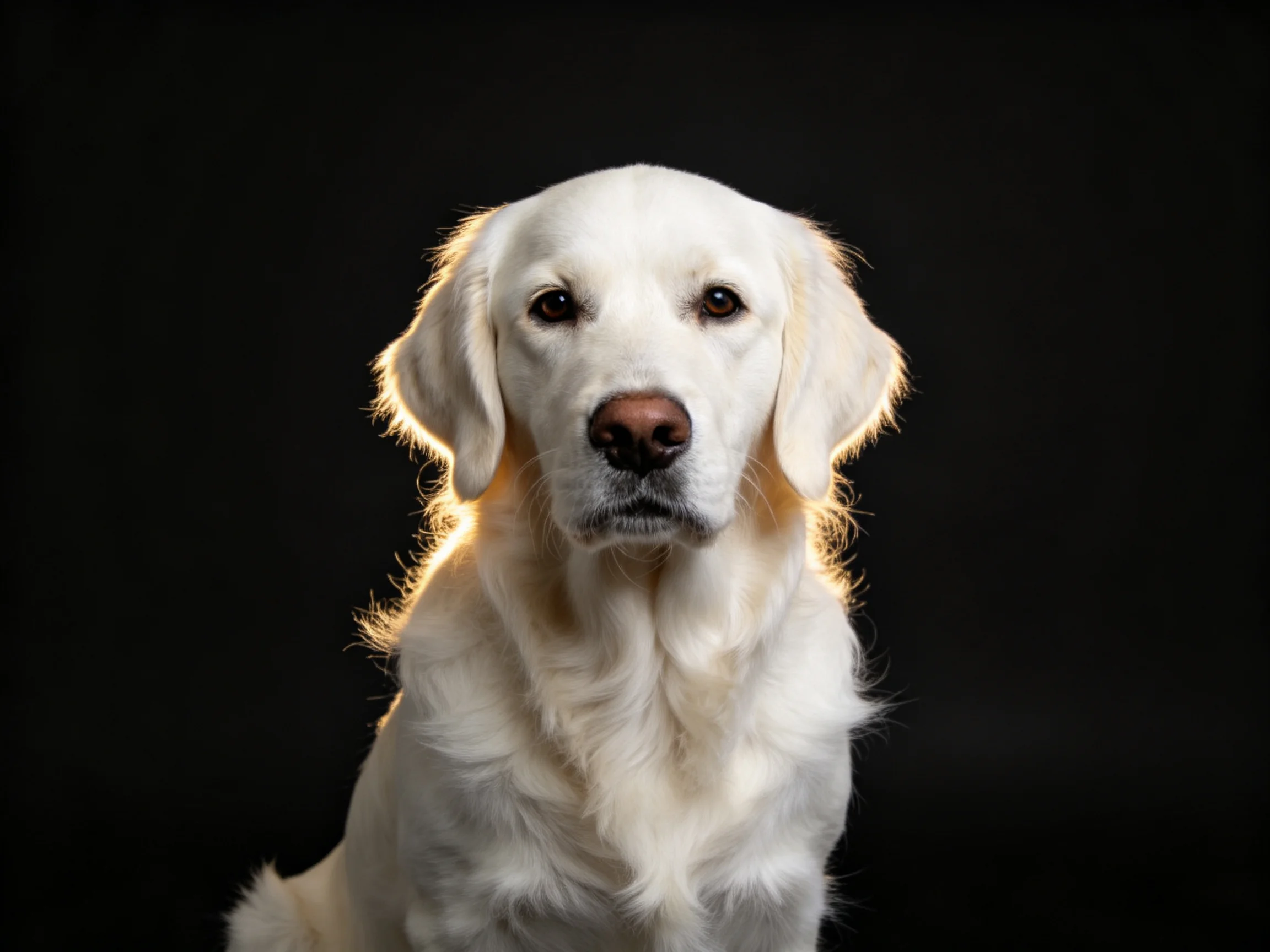 A golden retriever with creamy fur lit against a black backdrop