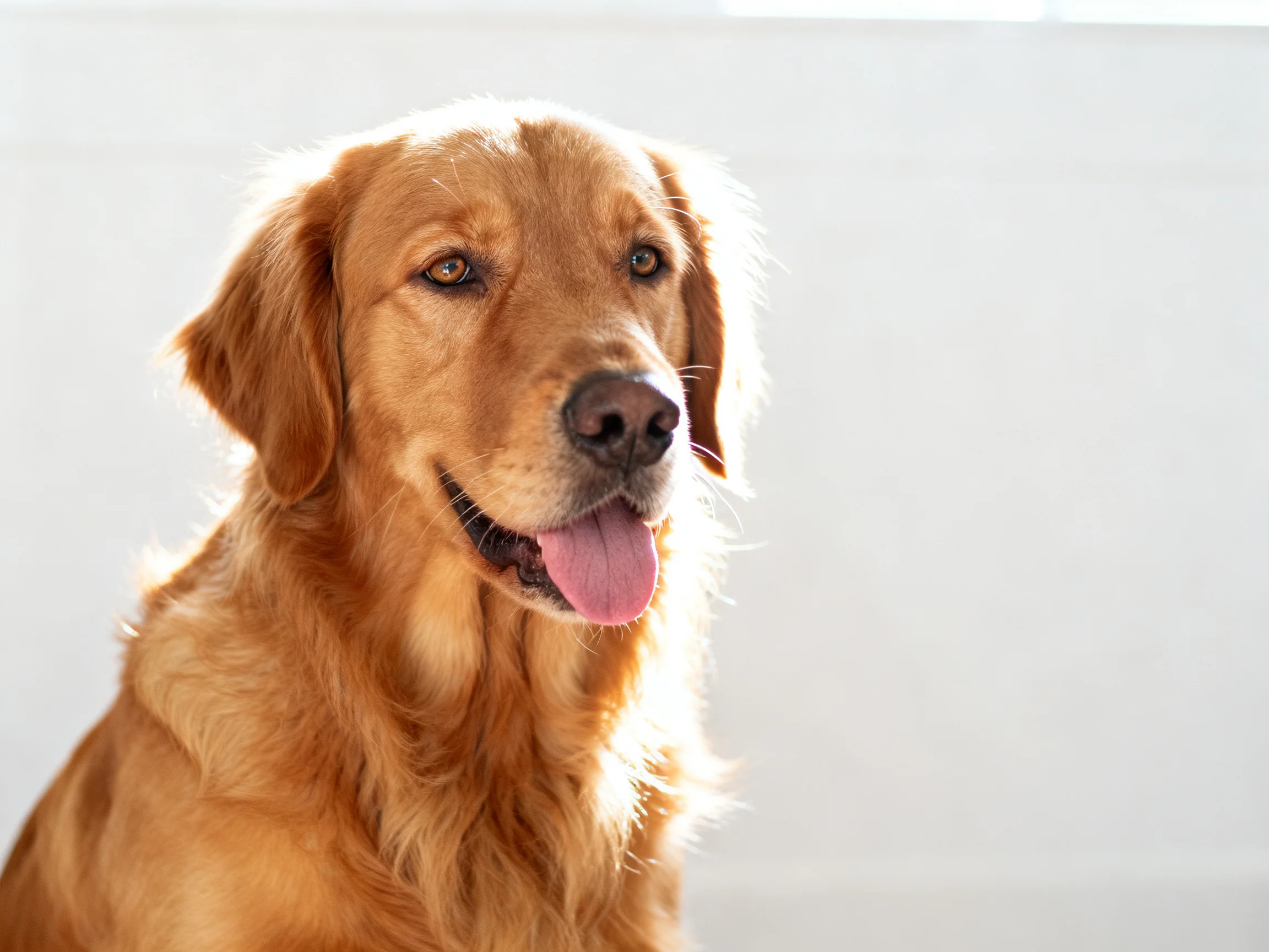 A golden retriever with glossy brown fur sits calmly in bright light.