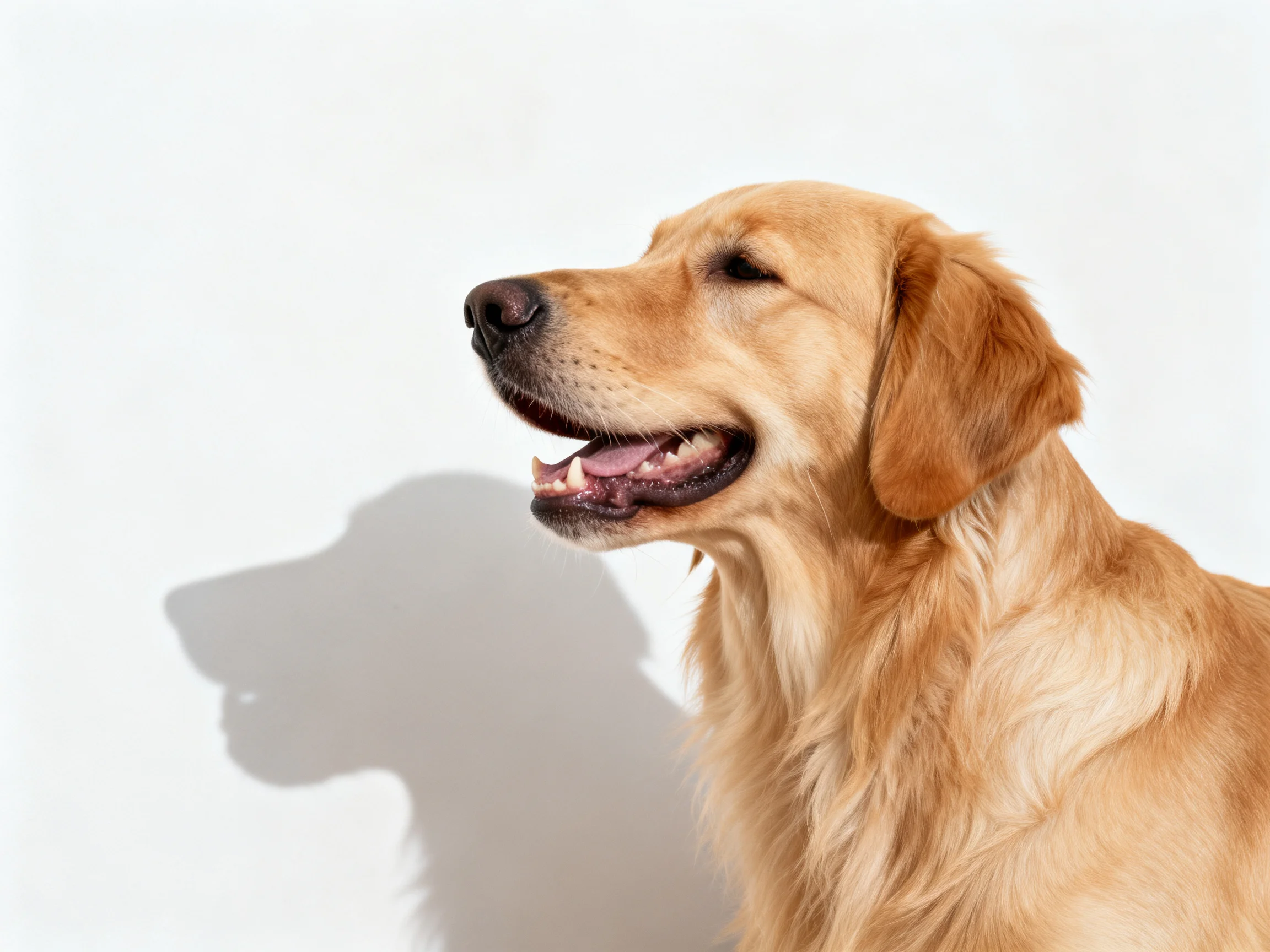 A golden retriever with an open mouth sits beside its shadow on a bright white surface.