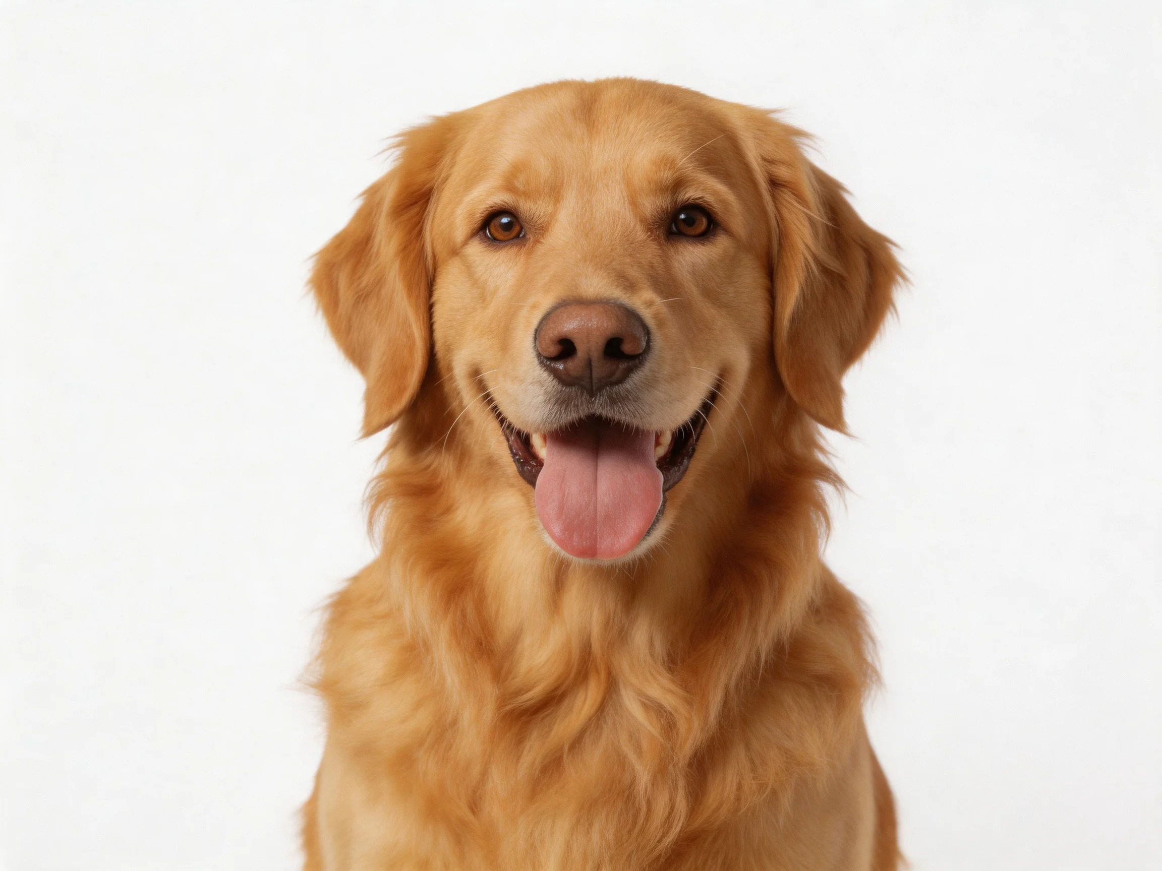 A golden retriever with long, wavy fur posed against a white backdrop