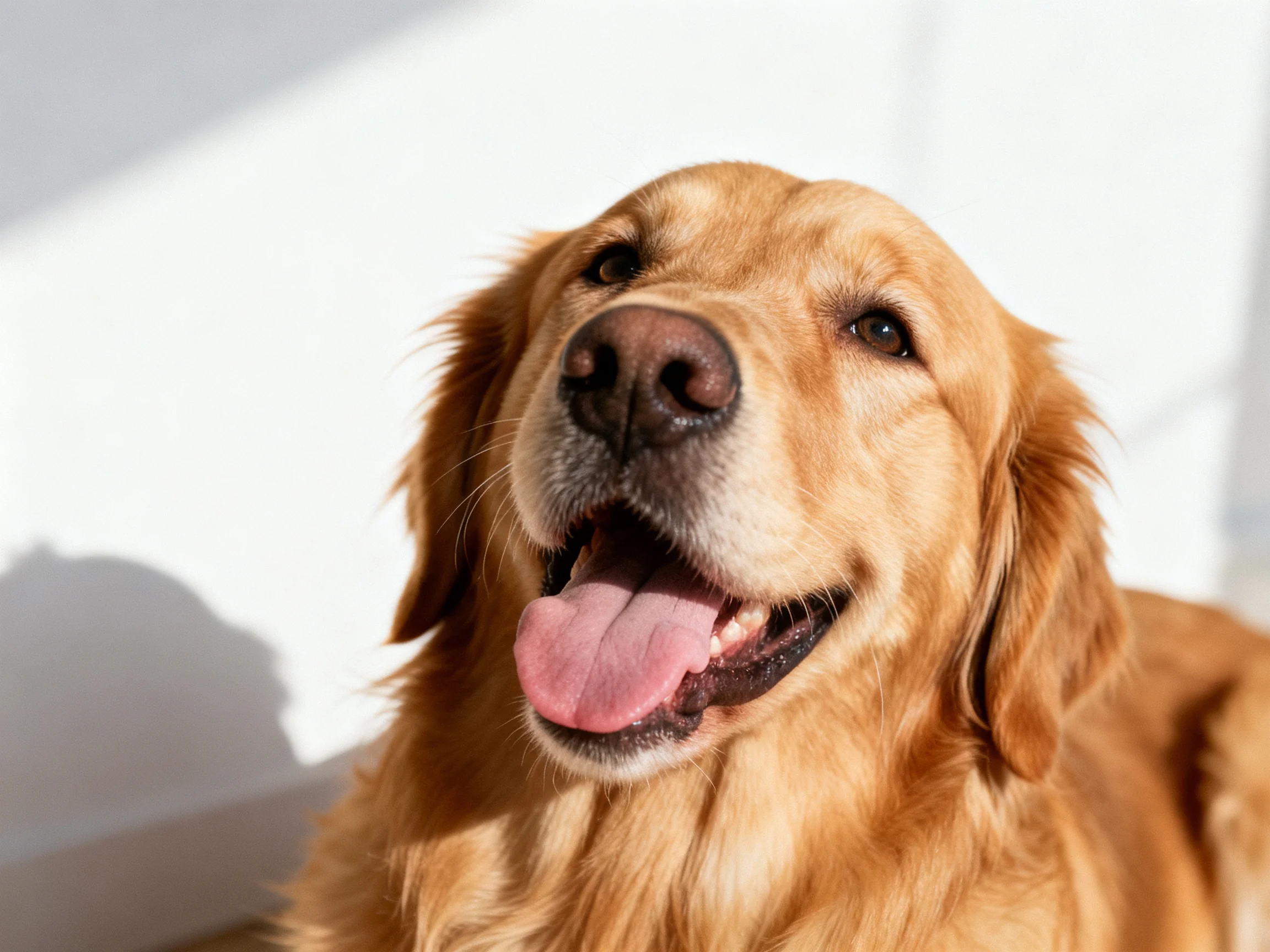 A golden retriever smiles cheerfully with its mouth open.
