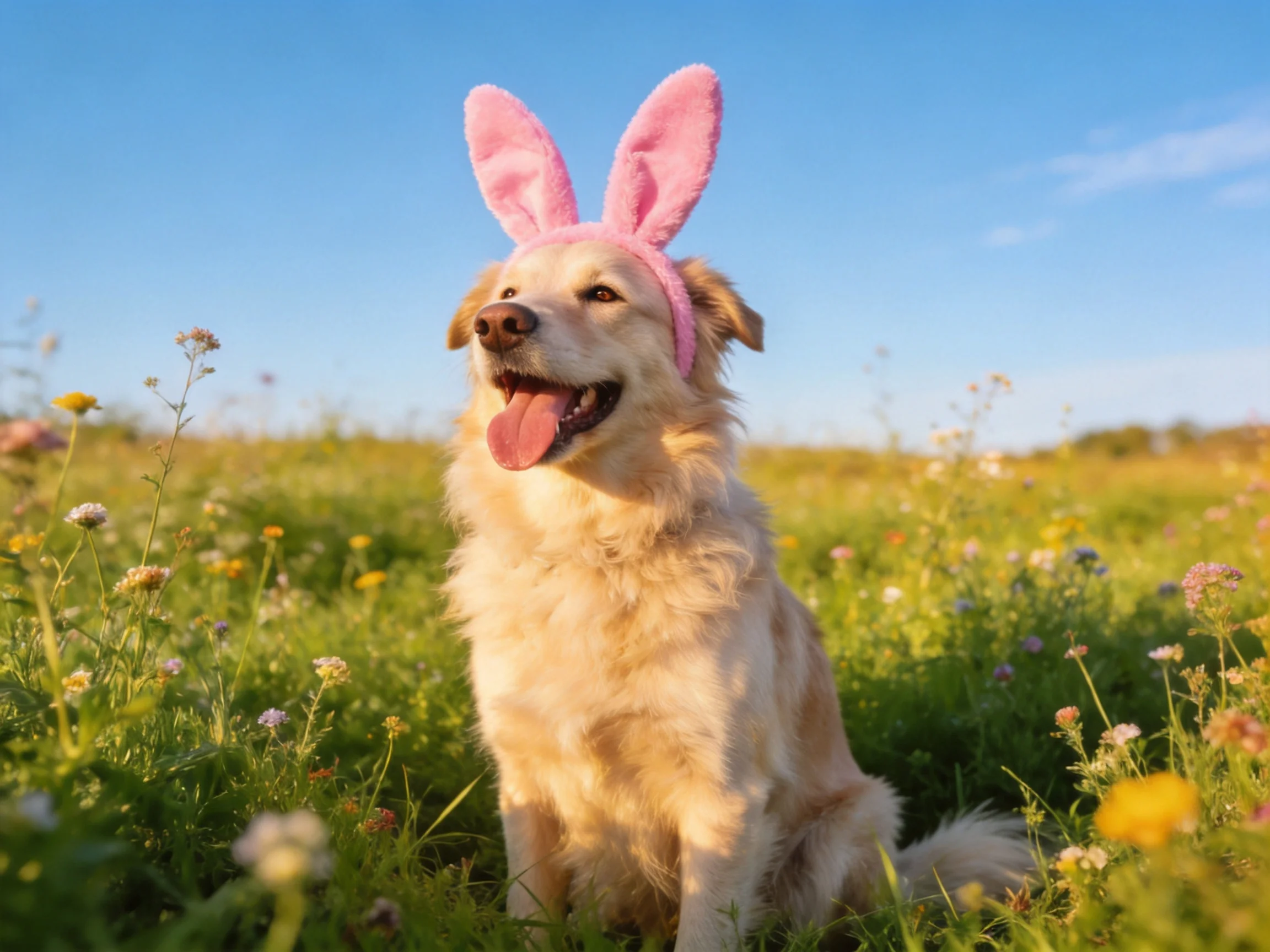 A golden retriever wearing pink bunny ears enjoys time outdoors in a flower meadow.