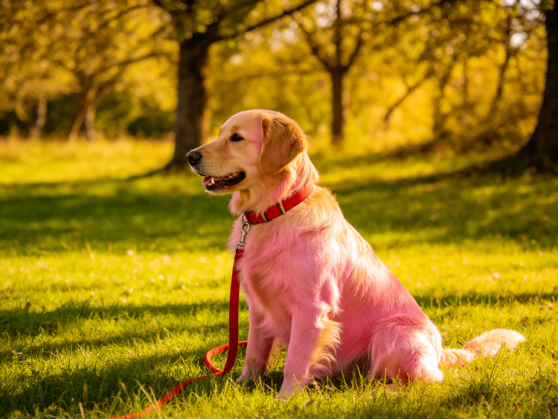 A golden retriever with pink fur sits calmly on grass in a sunlit outdoor setting.