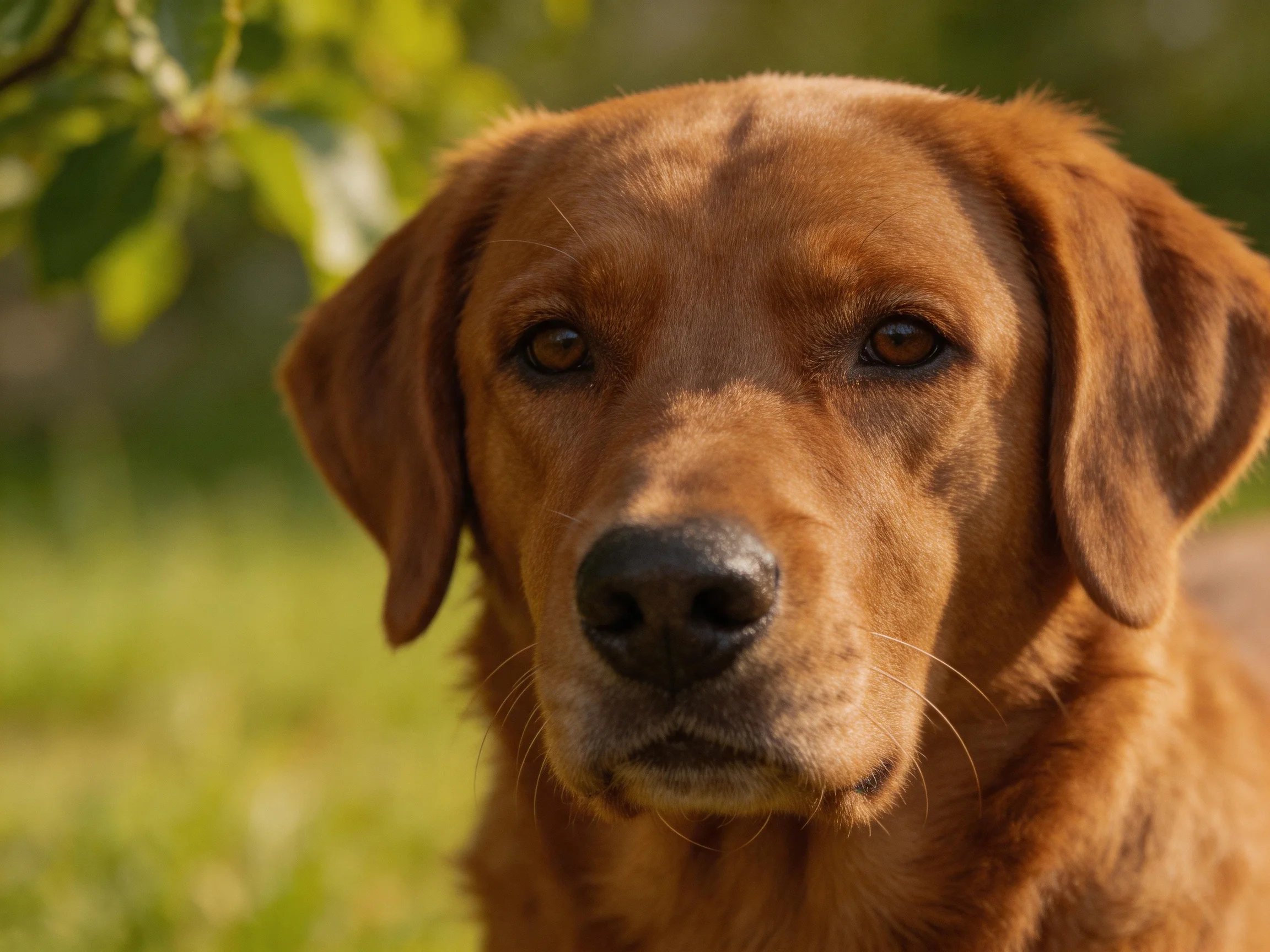 A golden retriever gazes calmly in a sunlit outdoor environment.