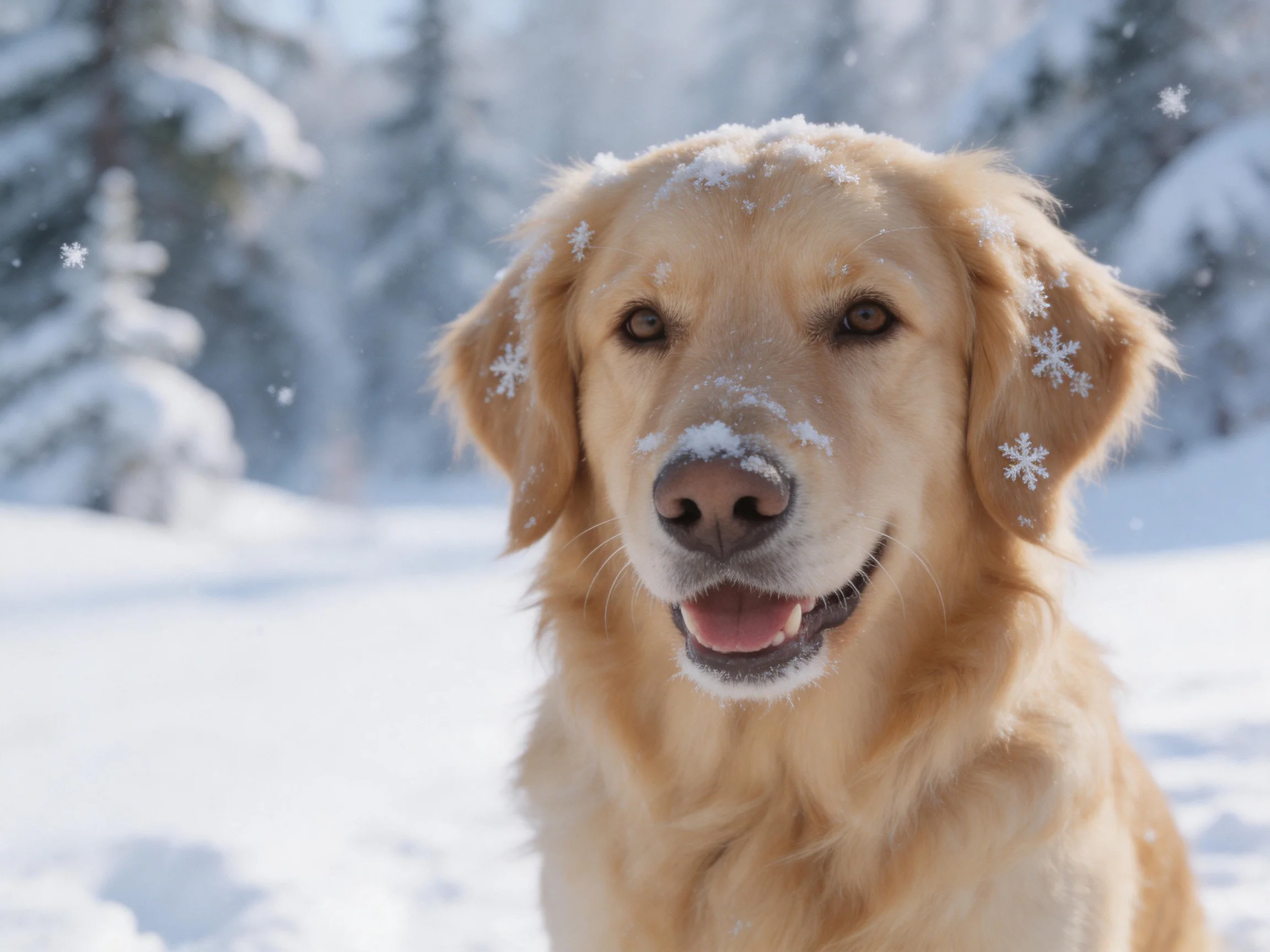 A golden retriever stands in a snowy landscape with snowflakes on its coat.